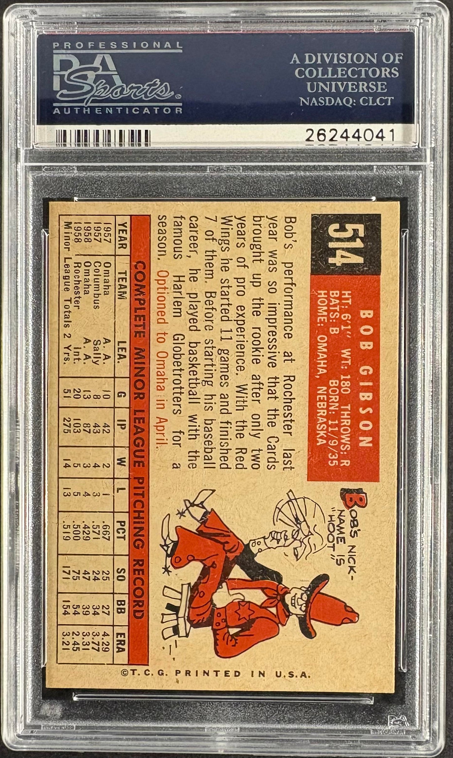 1959 Topps #514 Bob Gibson RC Rookie PSA 7 NM Near Mint High Grade