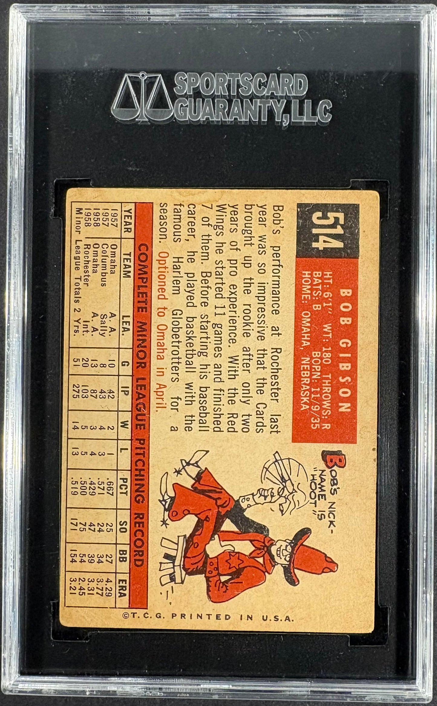 1959 Topps #514 Bob Gibson SGC 2 GD Nice Color