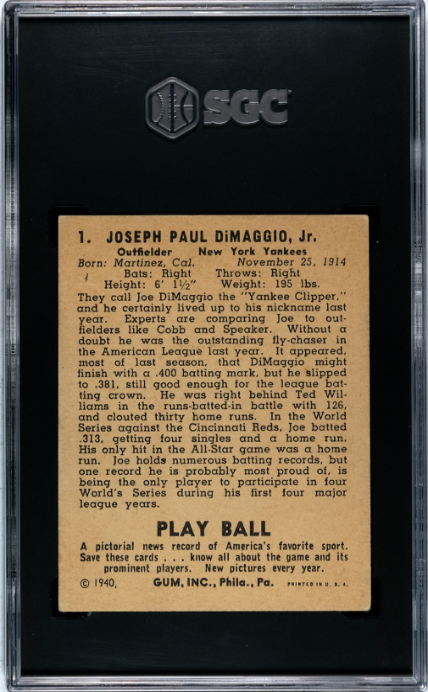 1940 Play Ball #1 Joe DiMaggio SGC 5 EX Well Centered