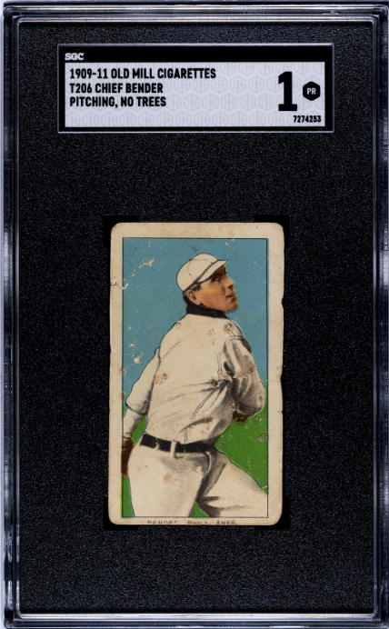 1909-11 T206 OLD MILL Chief Bender Pitching No Trees SGC 1 HUGE BORDERS