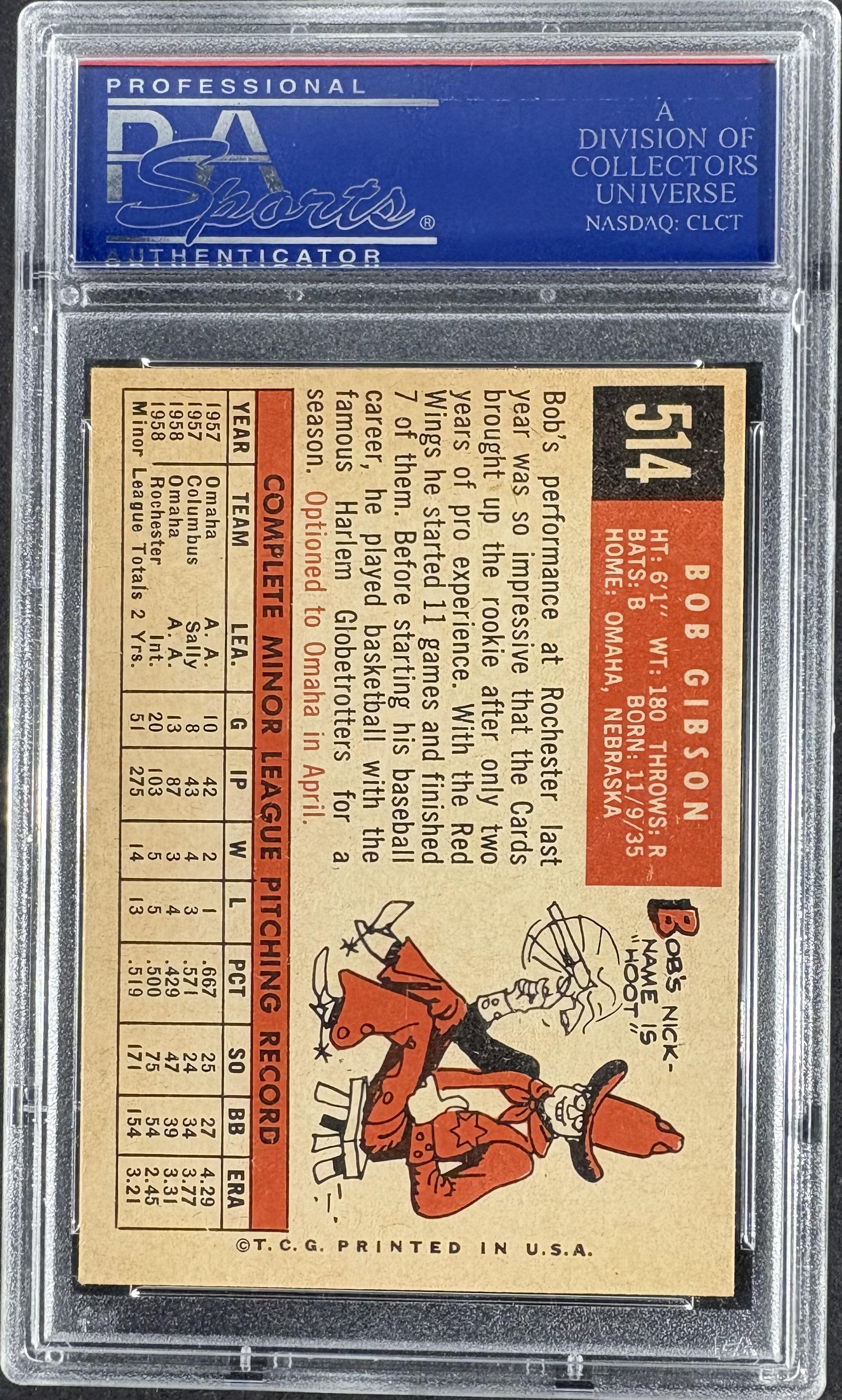 1959 Topps #514 Bob Gibson RC Rookie PSA 7 NM Near Mint Nice Color