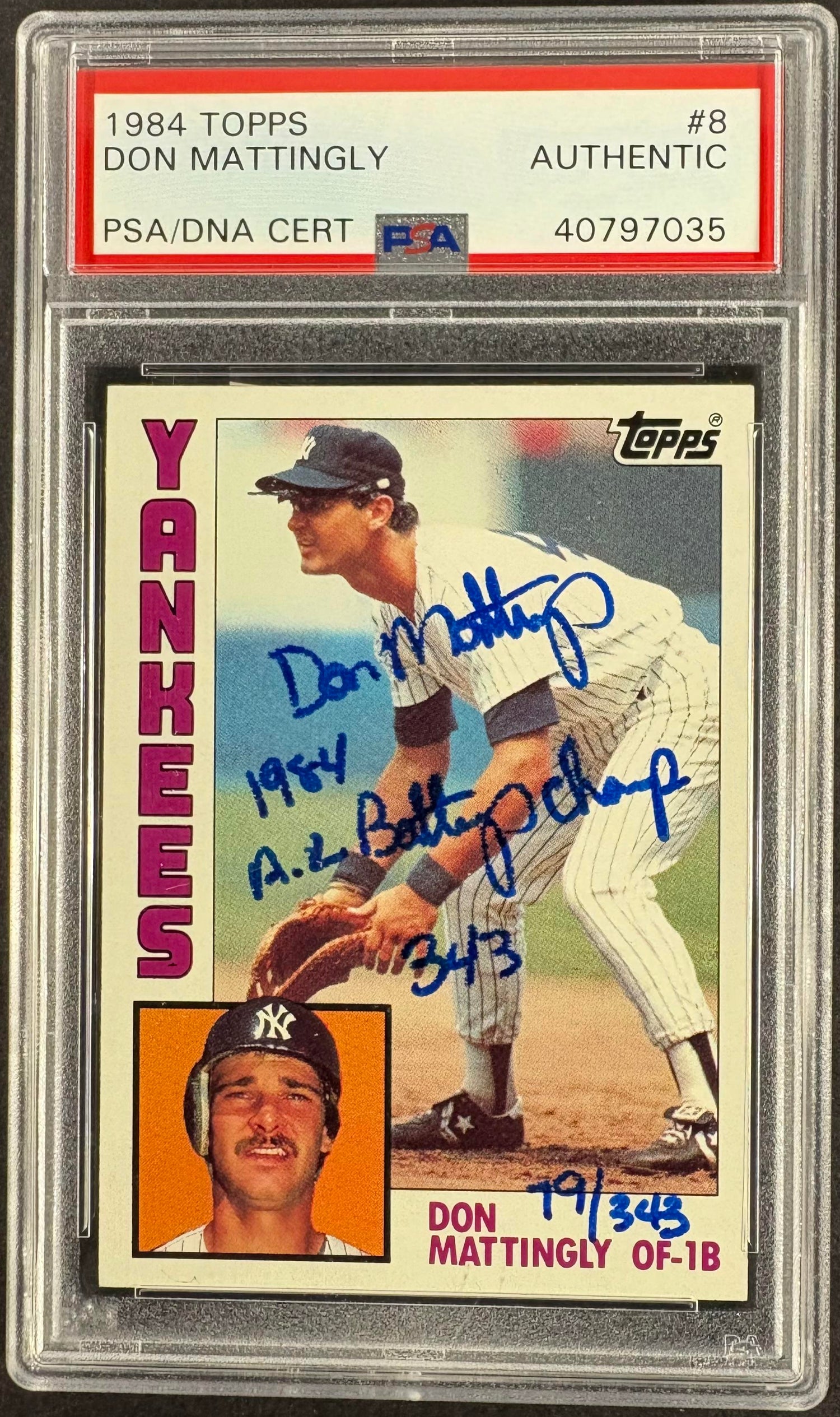 1984 Topps #8 Don Mattingly RC PSA Authentic AUTO Autograph /343 w/ Inscriptions