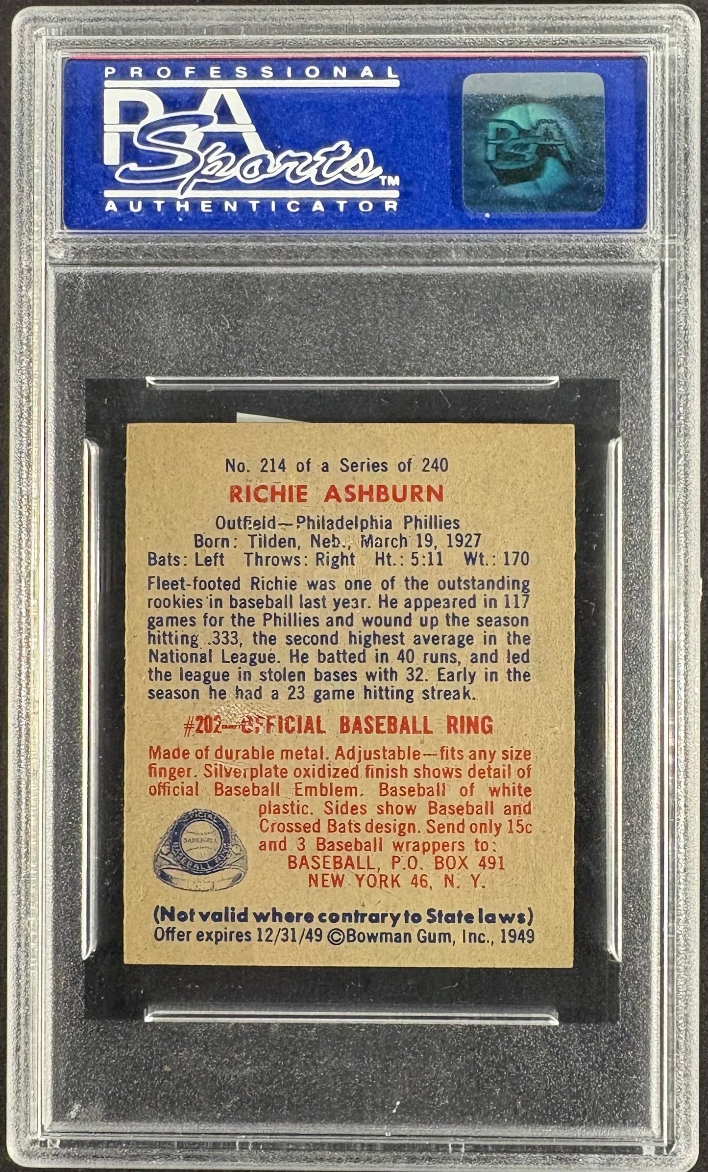 1949 Bowman #214 Richie Ashburn RC Rookie PSA 7 NM Near Mint High Grade
