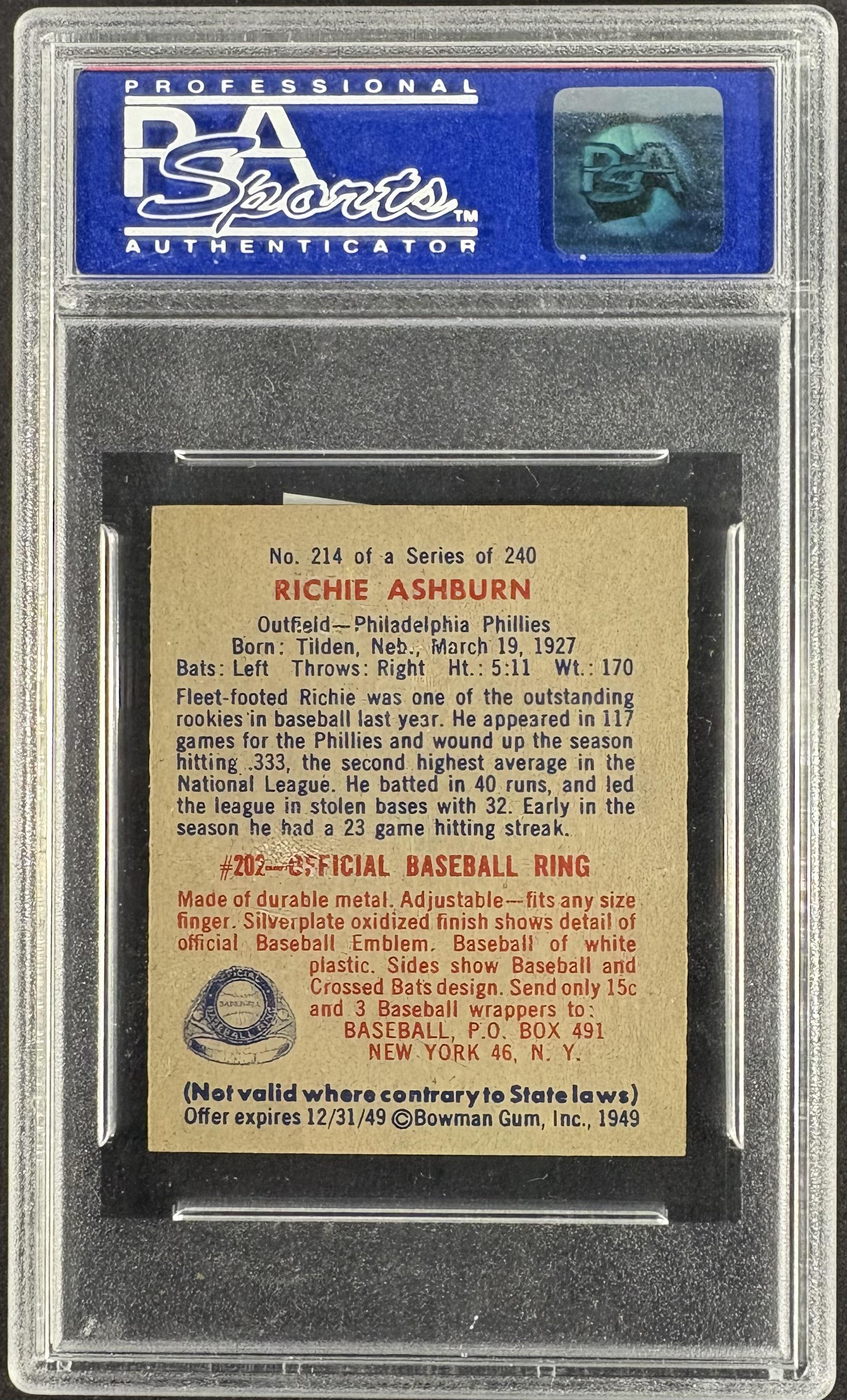 1949 Bowman #214 Richie Ashburn RC Rookie PSA 7 NM Near Mint High Grade