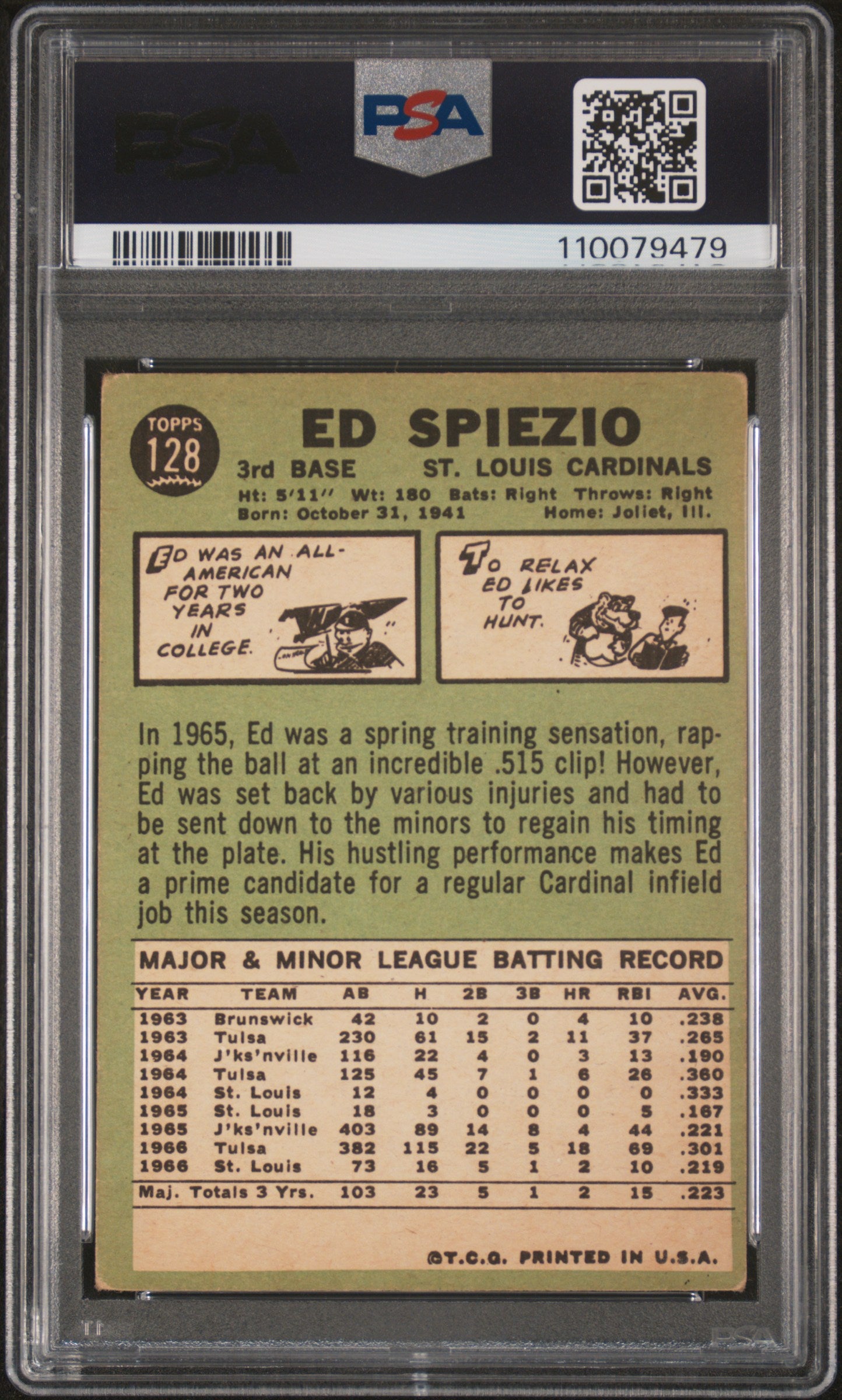 1967 Topps #128 Ed Spiezio ERROR Most Of "Spie" Missing PSA 2 GD New Label