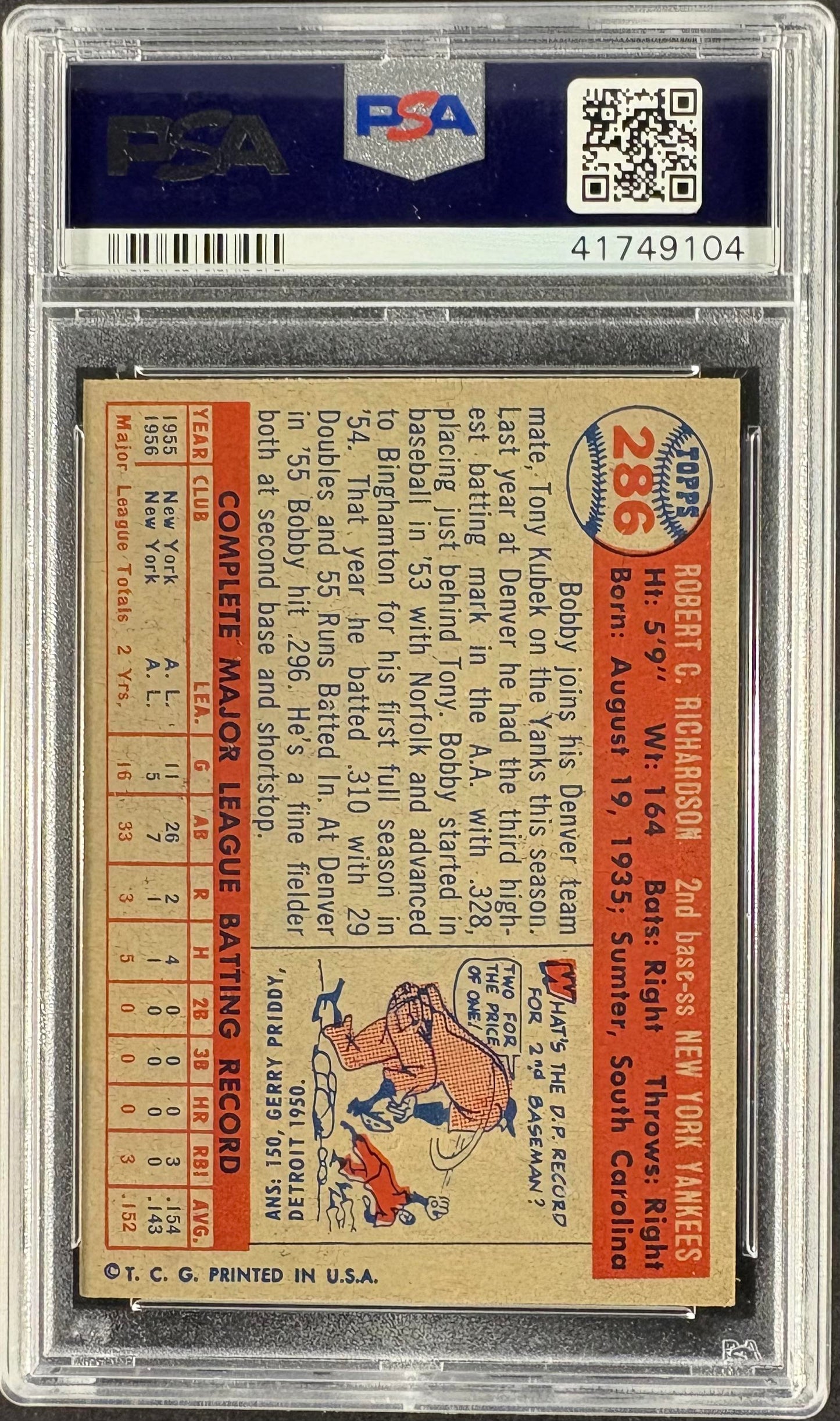 1957 Topps #286 Bobby Richardson RC Rookie PSA 7 NM Near Mint New Label