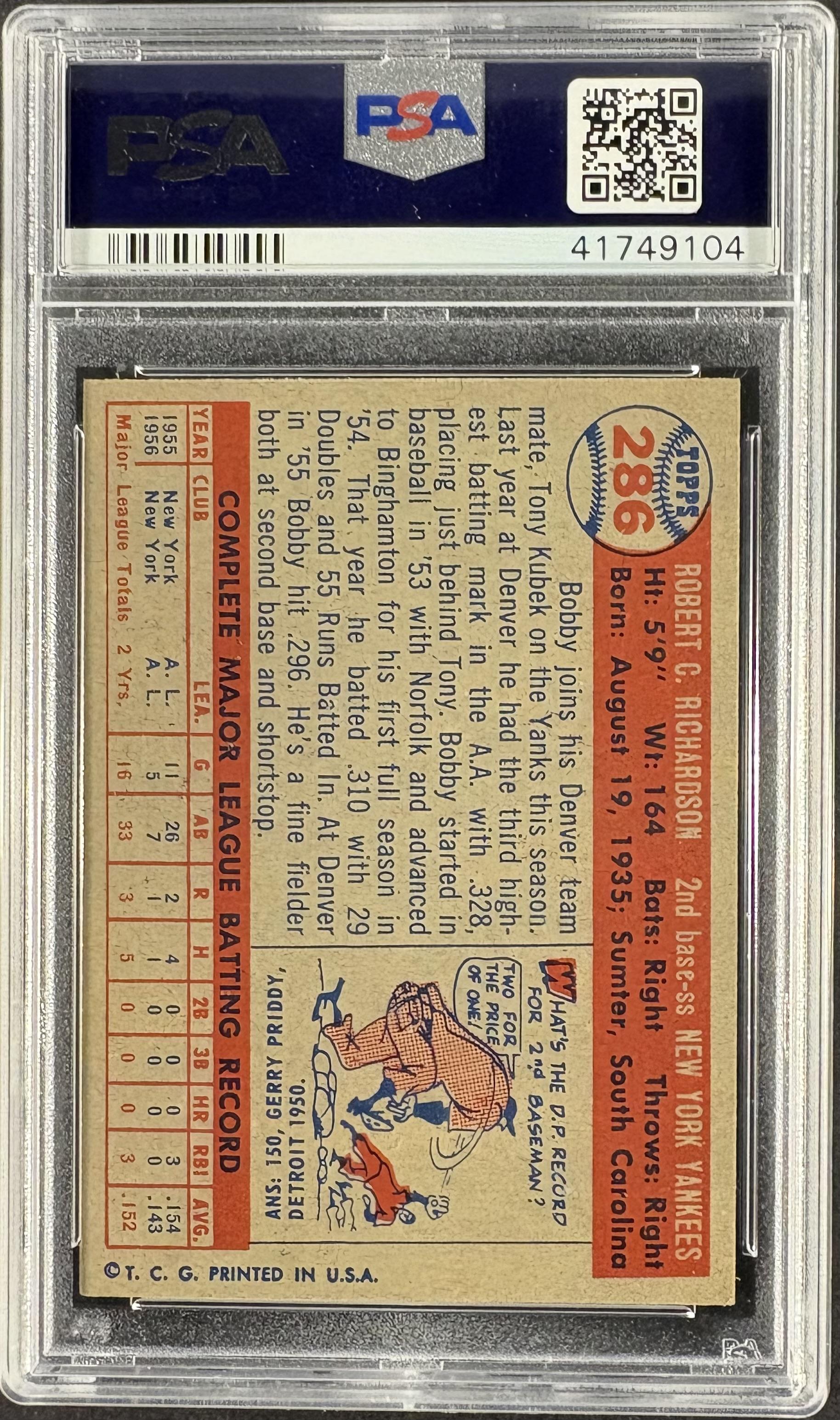 1957 Topps #286 Bobby Richardson RC Rookie PSA 7 NM Near Mint New Label
