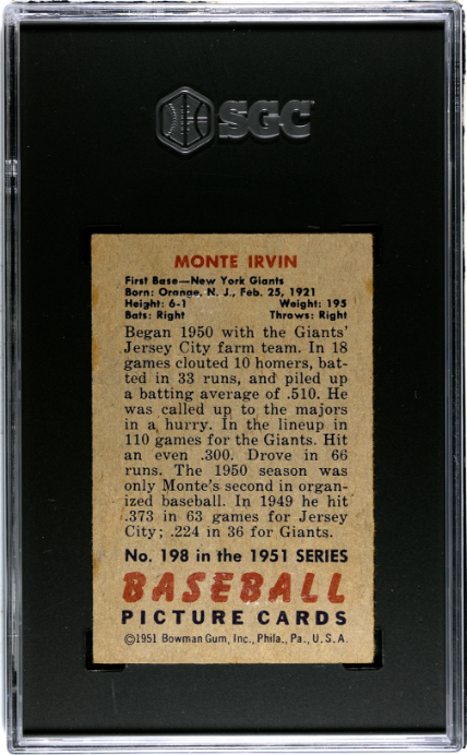 1951 Bowman #198 Monte Irvin RC Rookie SGC 5 EX Well Centered