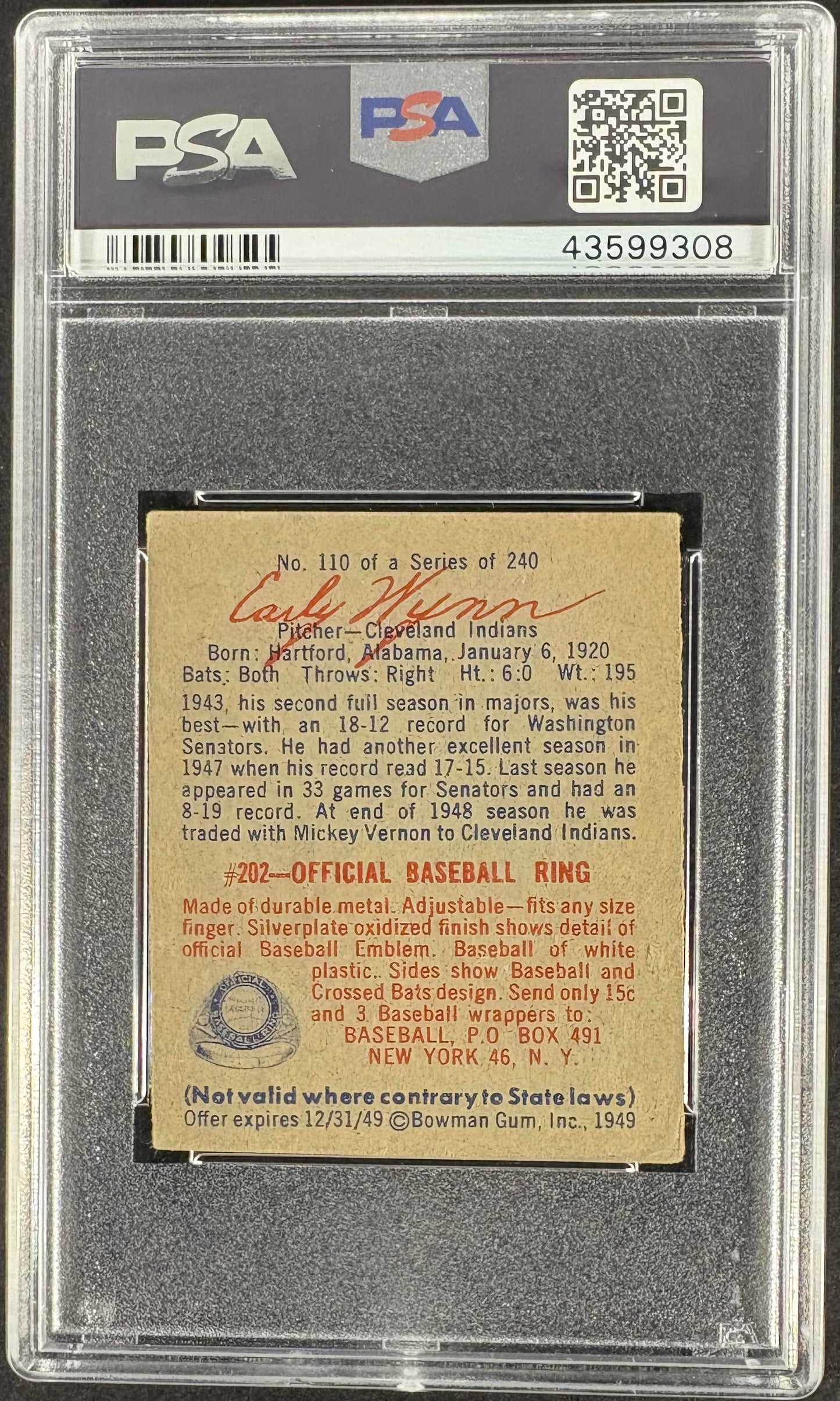 1949 Bowman #110 Early Wynn RC Rookie PSA 4 VG-EX New Label
