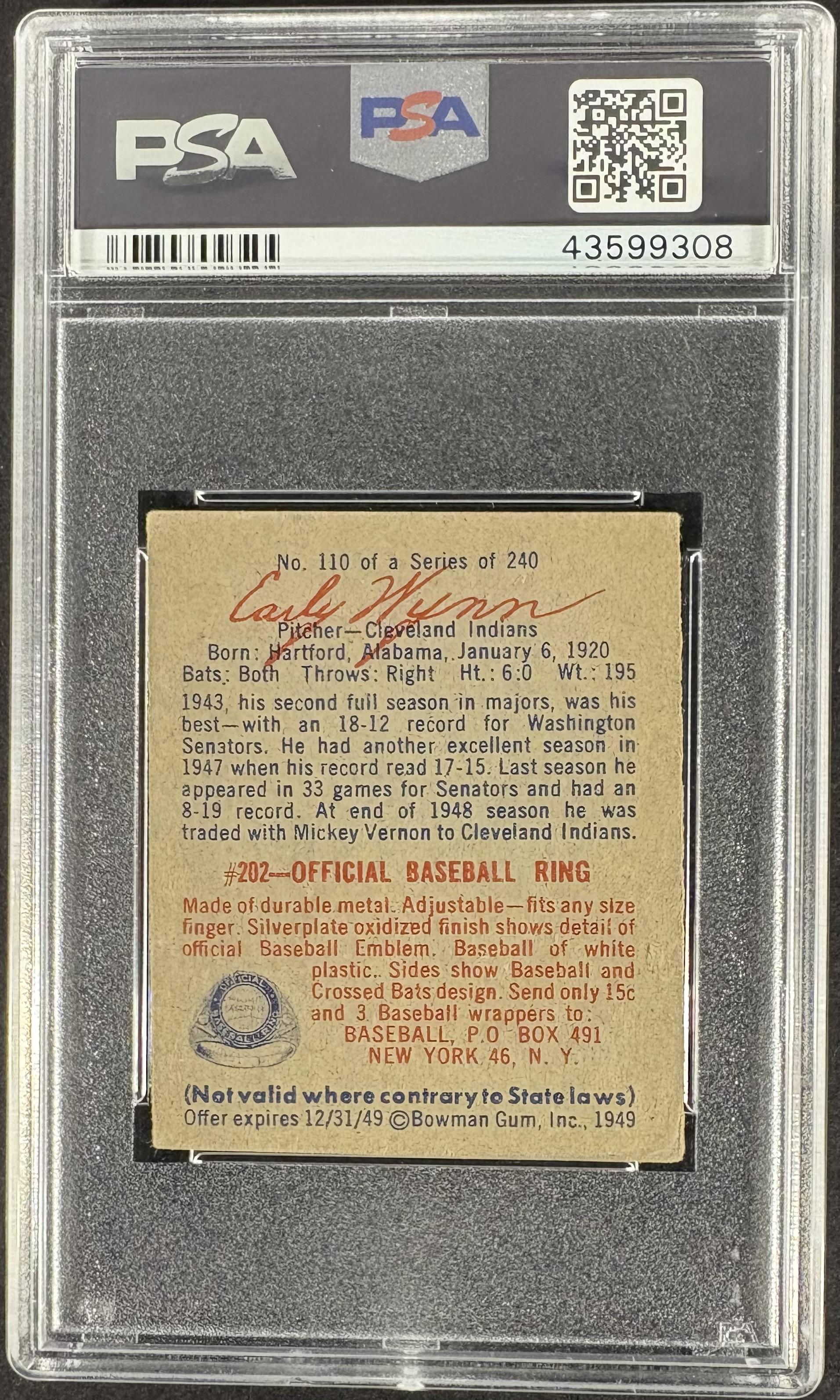 1949 Bowman #110 Early Wynn RC Rookie PSA 4 VG-EX New Label