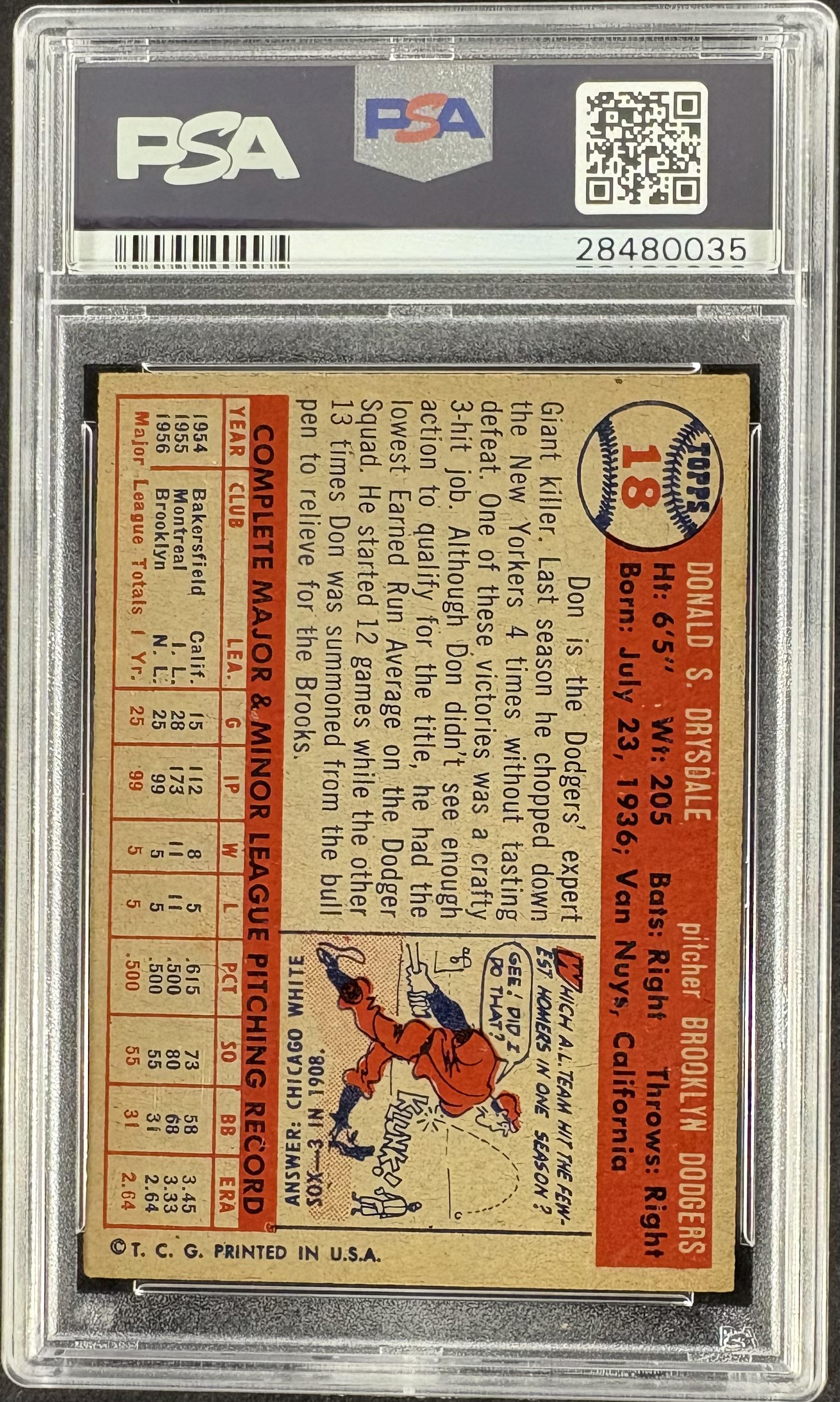 1957 Topps #18 Don Drysdale RC Rookie PSA 5 EX New Label
