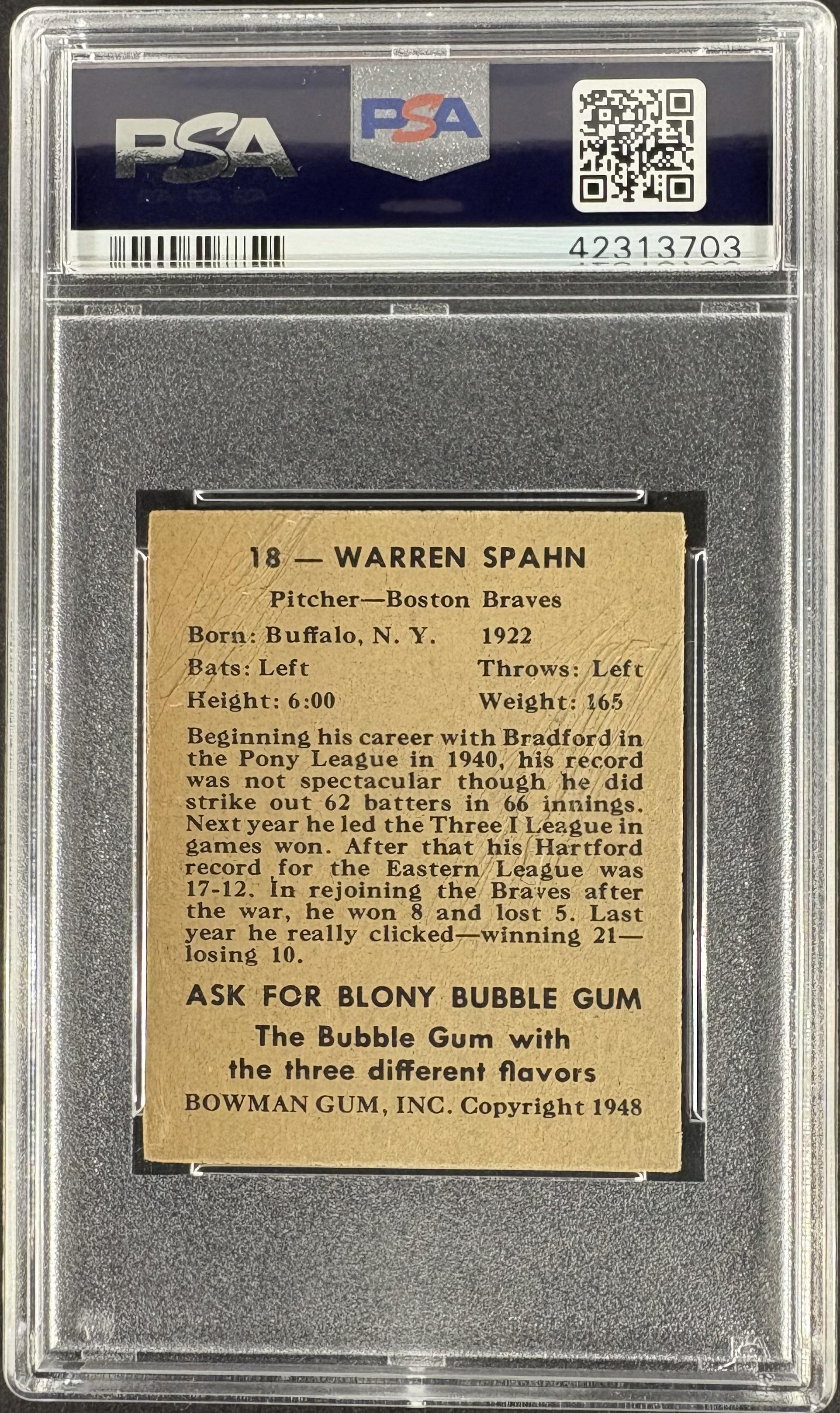1948 Bowman #18 Warren Spahn RC Rookie PSA 7.5 NM+ High Grade CENTERED
