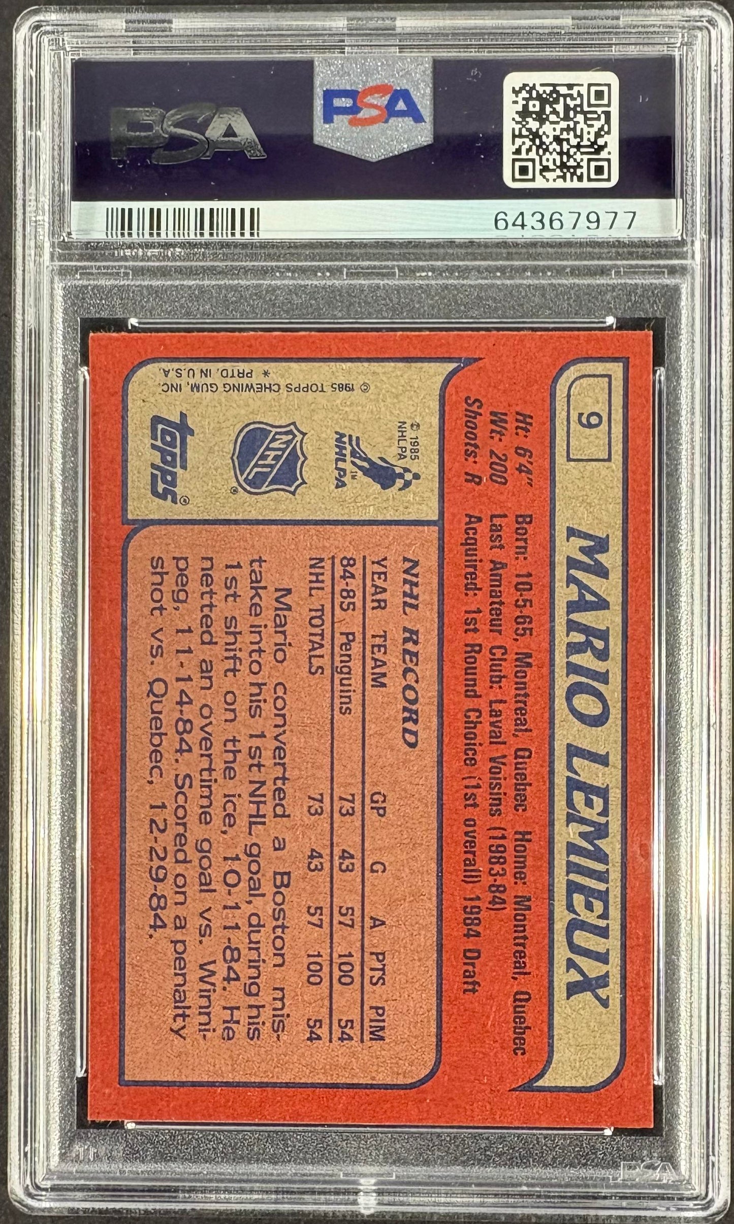 1985-86 Topps #9 Mario Lemieux RC Rookie PSA 7 NM New Label