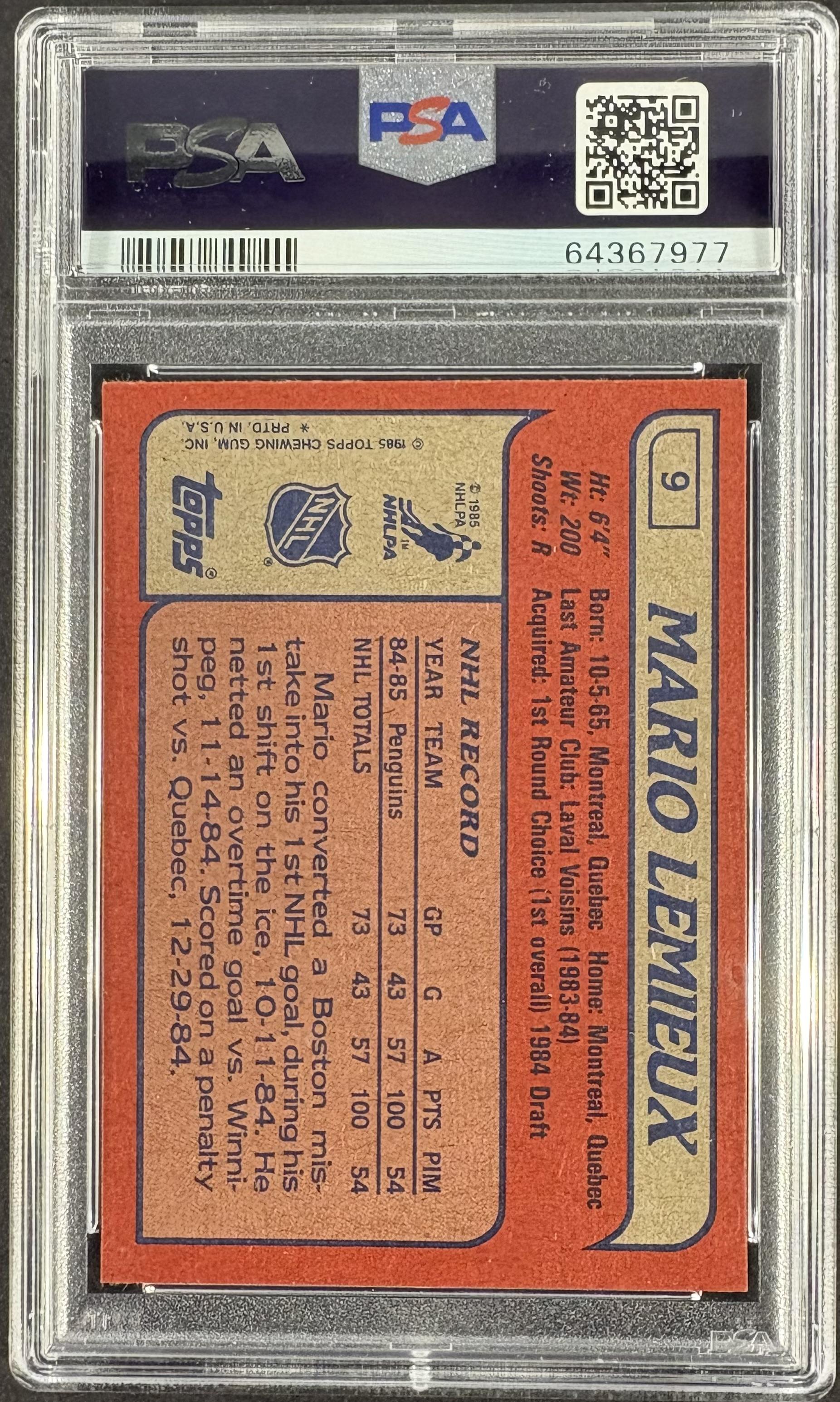 1985-86 Topps #9 Mario Lemieux RC Rookie PSA 7 NM New Label