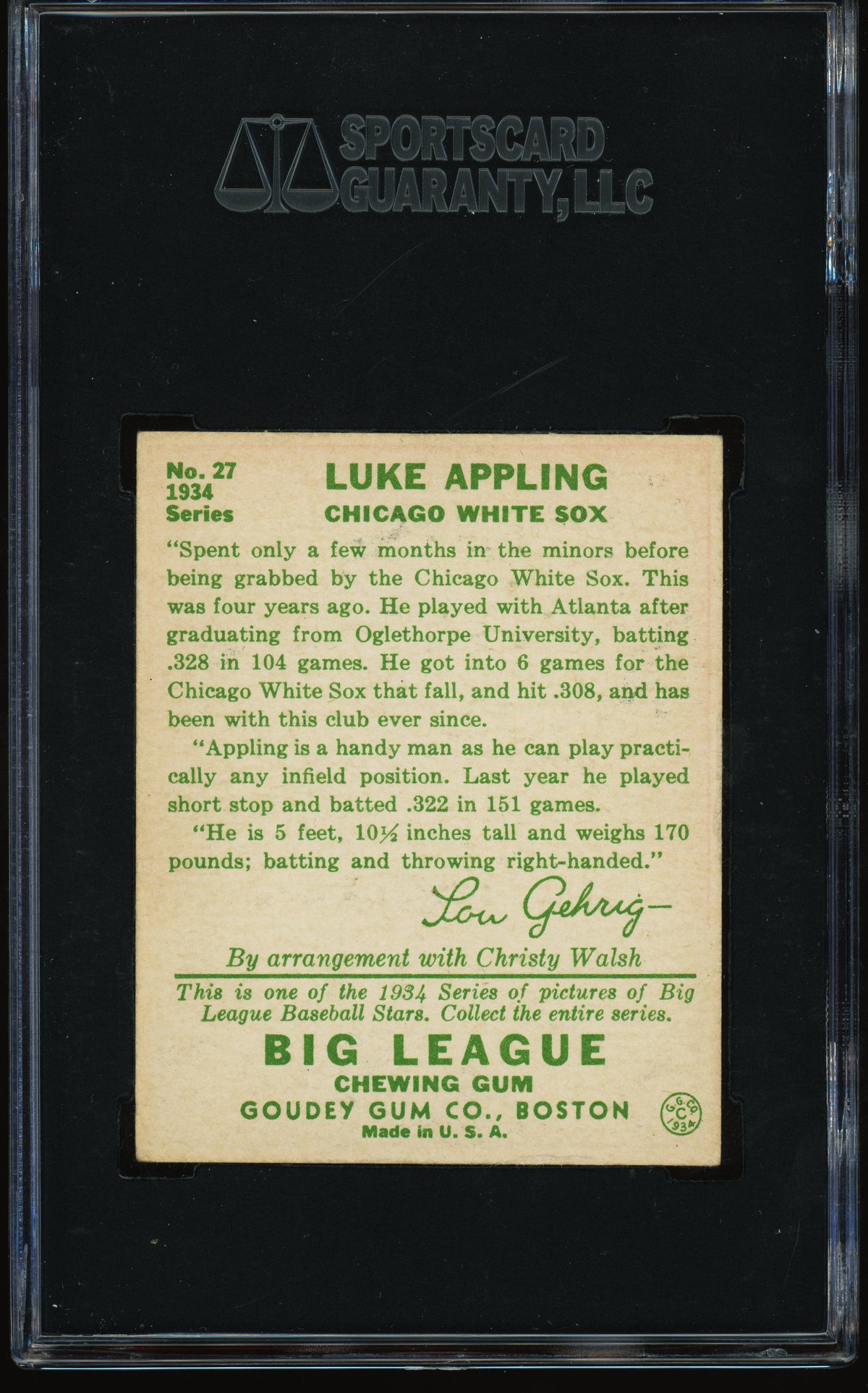 1934 Goudey #27 Luke Appling RC Rookie SGC 4 VG-EX Well Centered