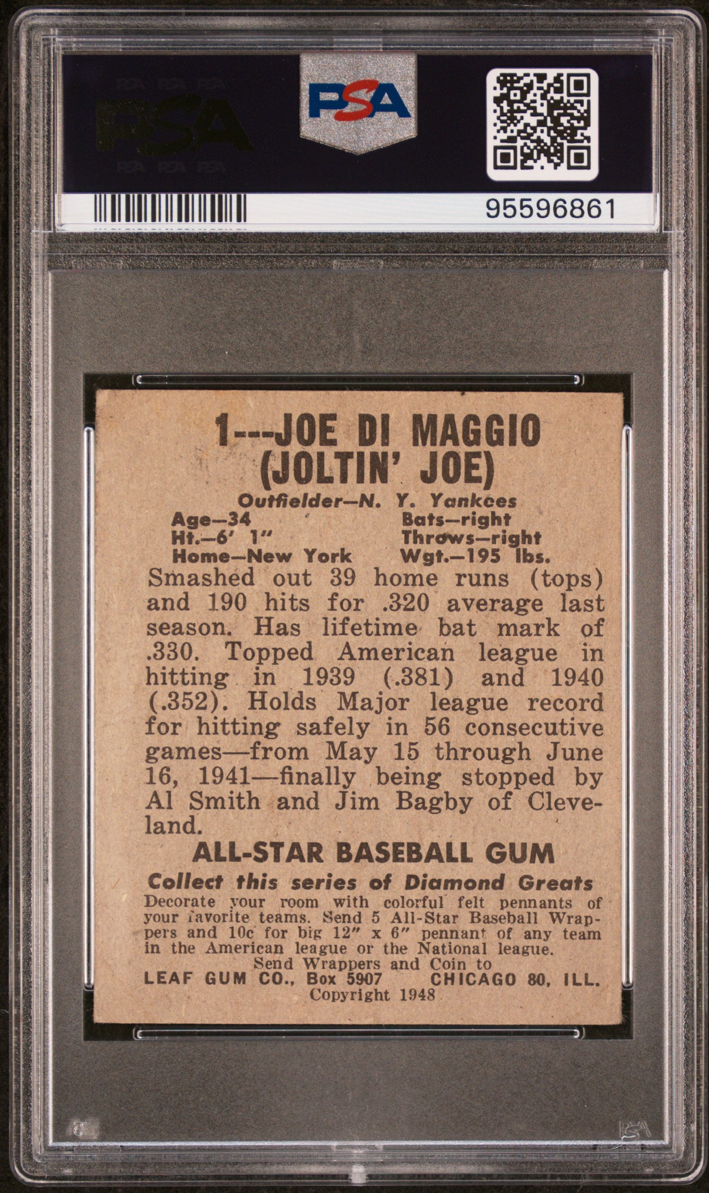 1948 Leaf #1 Joe DiMaggio PSA 3 VG CREASE FREE New Label