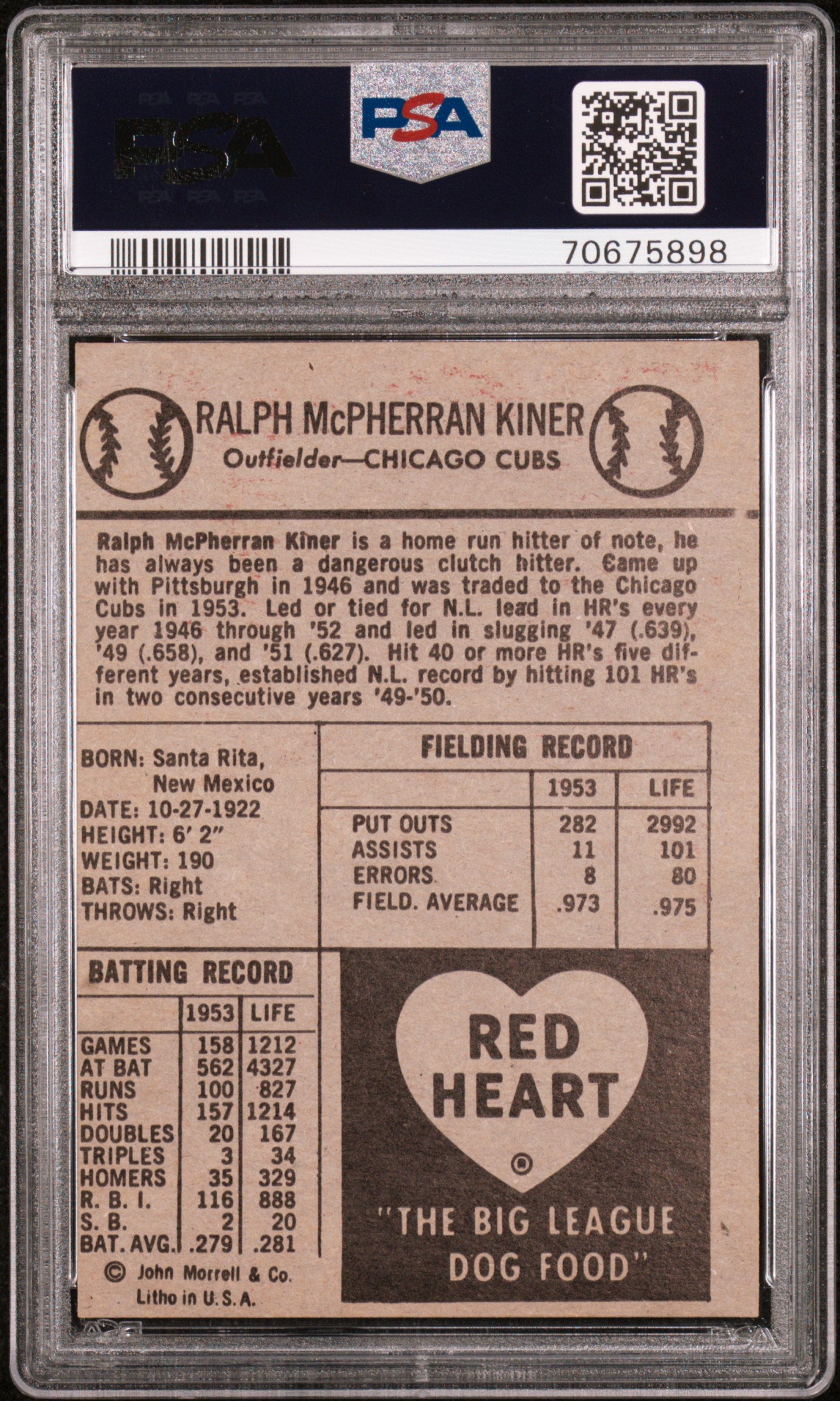 1954 Red Heart Ralph Kiner PSA 6 EX-MT Nice Color New Label