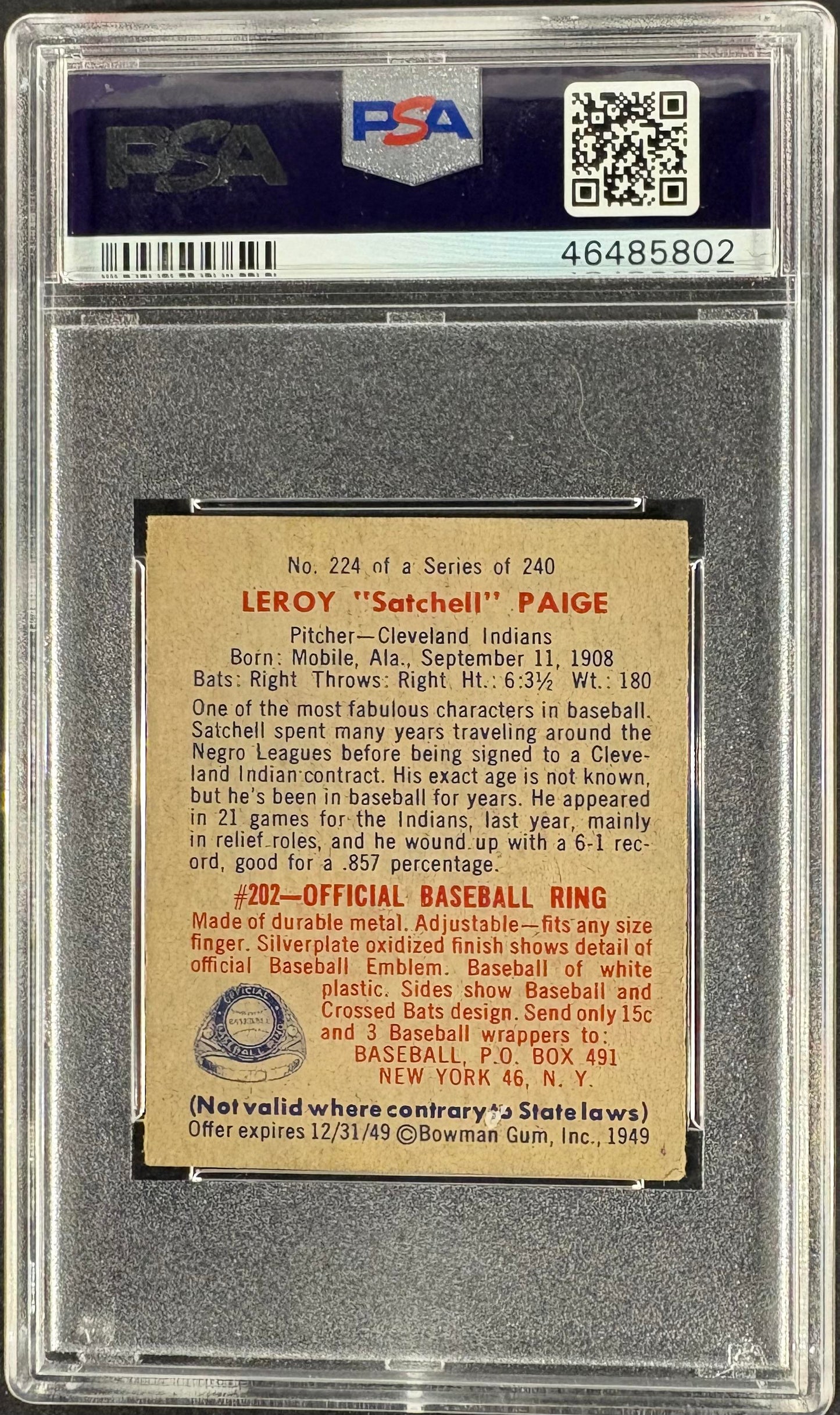 1949 Bowman #224 Leroy Satchel Paige RC Rookie PSA 5 EX New Label