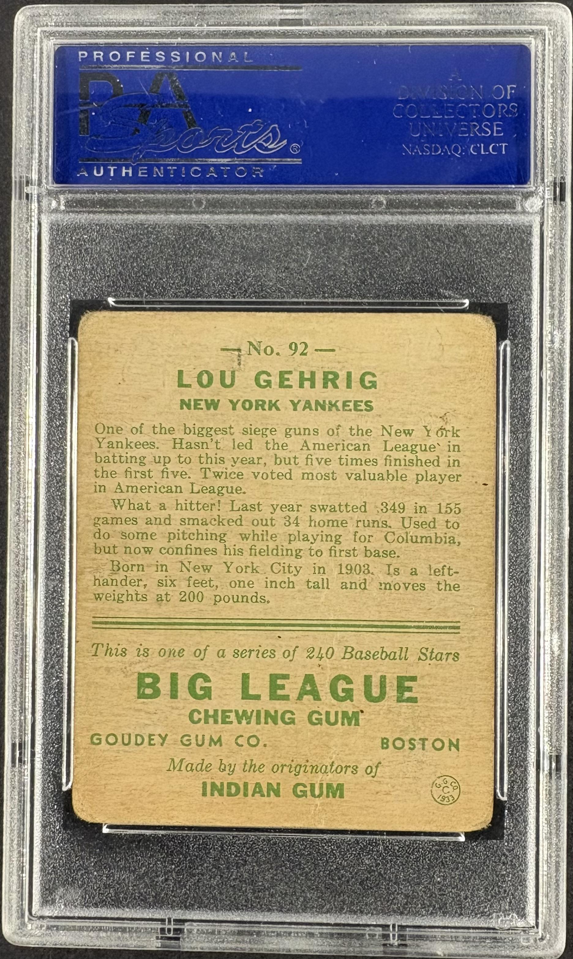 1933 Goudey (R319) #92 Lou Gehrig PSA 2 mk Nice Color