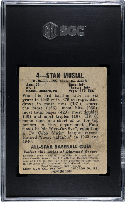 1948-49 Leaf Gum Co. #4 Stan Musial RC Rookie SGC 3.5 VG+ STUNNING Color