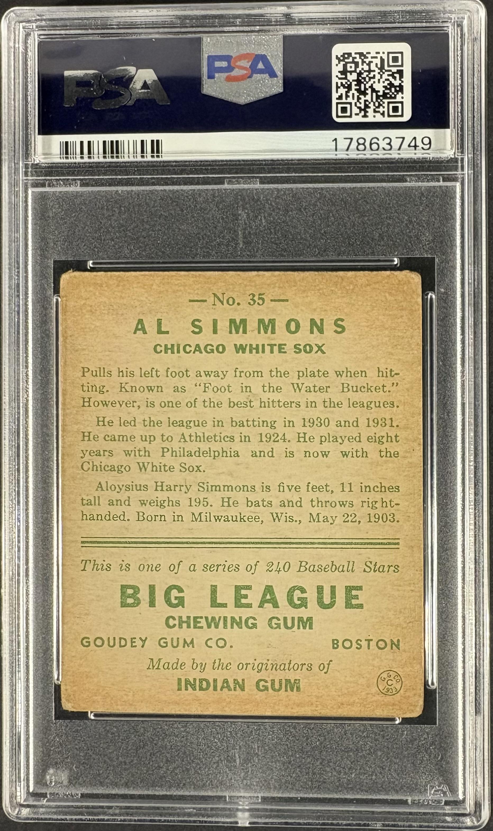 1933 Goudey (R319) #35 Al Simmons PSA 3.5 VG+ Nice Color New Label