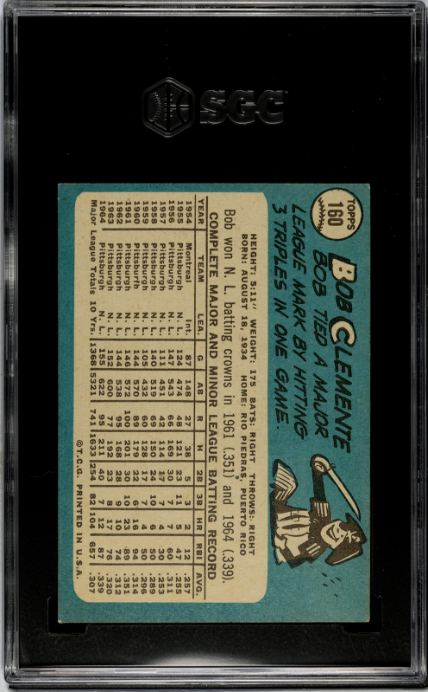 1965 Topps #160 Bob Roberto Clemente SGC 6 EX-NM Nice Color