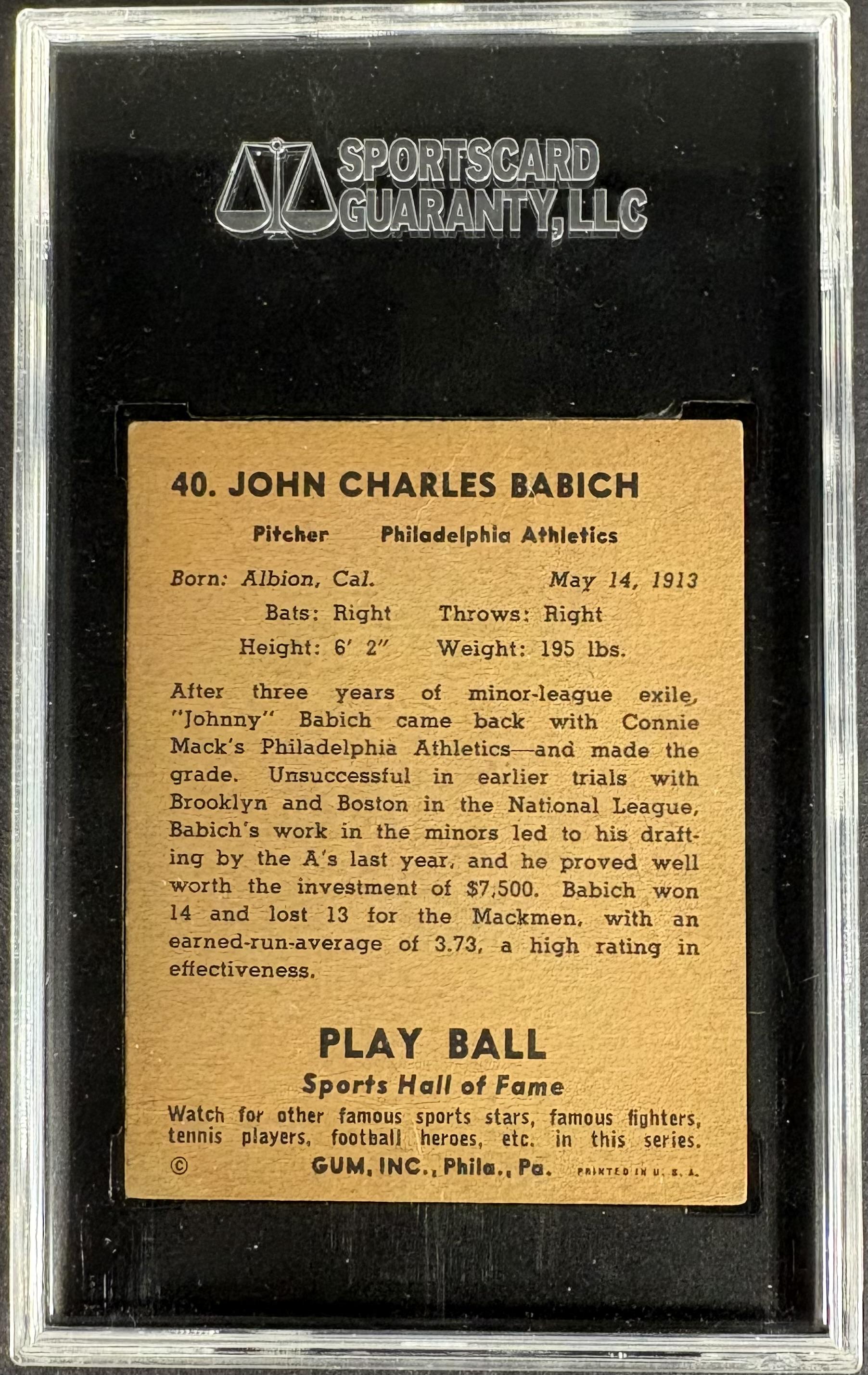 1941 Play Ball #40 Johnny Babich SGC 4 VG-EX