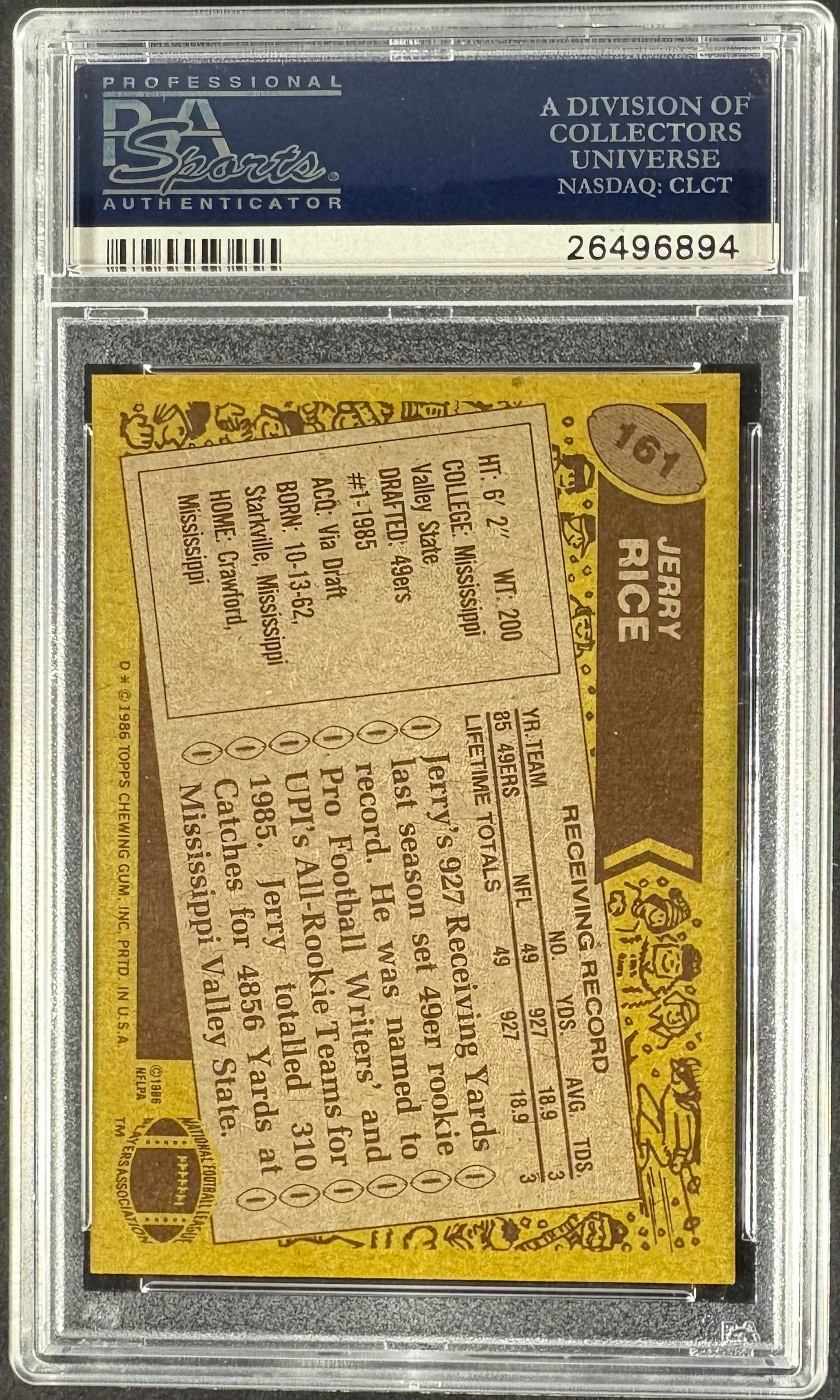 1986 Topps #161 Jerry Rice RC Rookie PSA 9 MINT High Grade