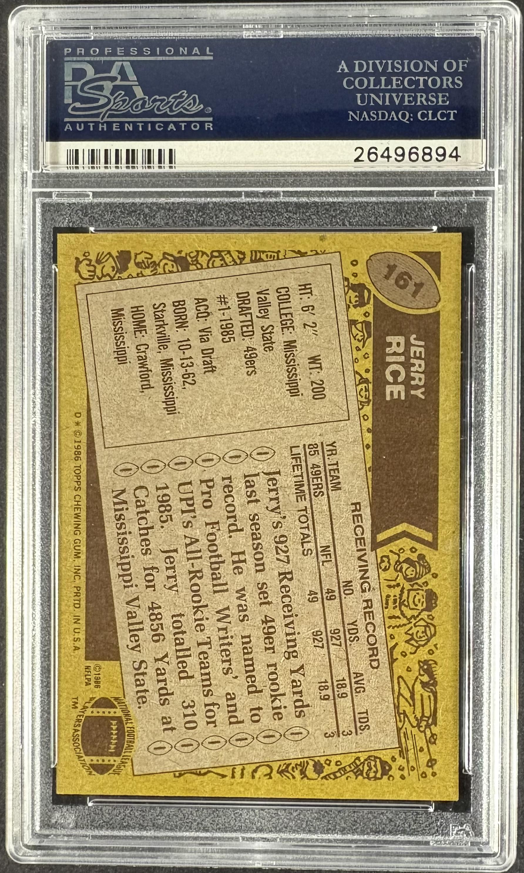 1986 Topps #161 Jerry Rice RC Rookie PSA 9 MINT High Grade