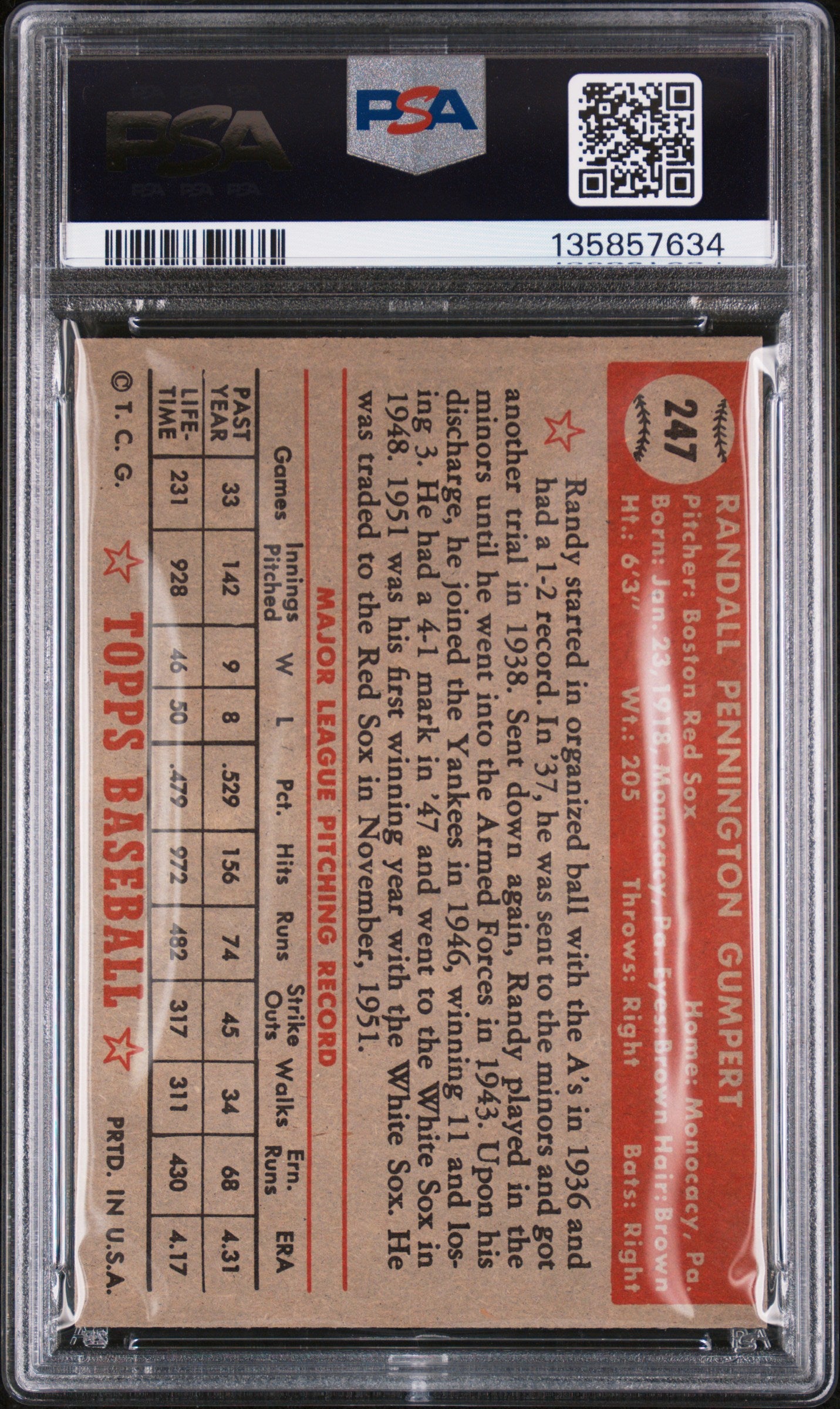 1952 Topps #247 Randy Gumpert PSA 7 NM Near Mint New Label