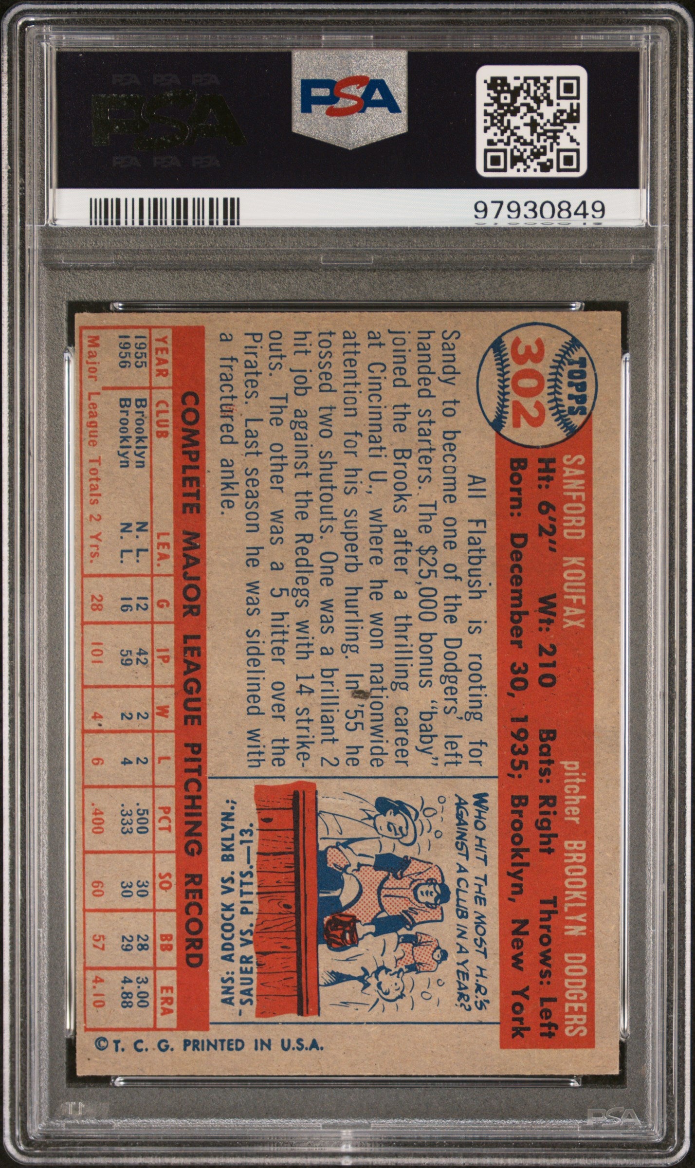 1957 Topps #302 Sandy Koufax PSA 5 EX SHARP New Label