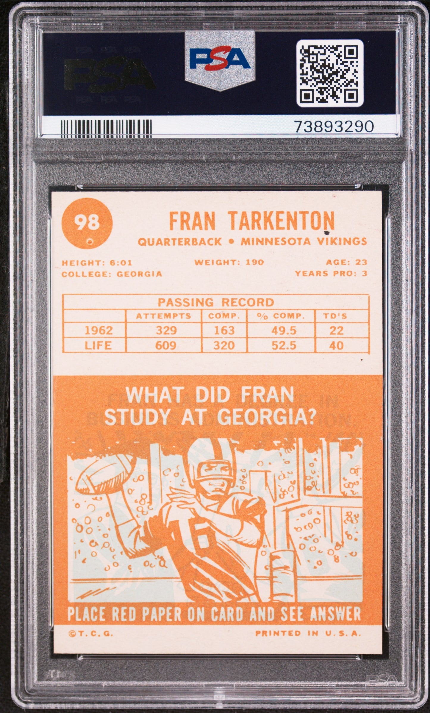 1963 Topps #98 Fran Tarkenton PSA 7 NM Near Mint CENTERED New Label