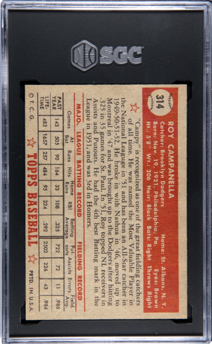 1952 Topps #314 Roy Campanella SGC 4 VG-EX SHARP