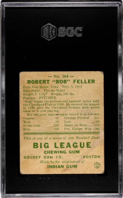 1938 Goudey Heads Up #264 Bob Feller RC Rookie SGC 2 GD