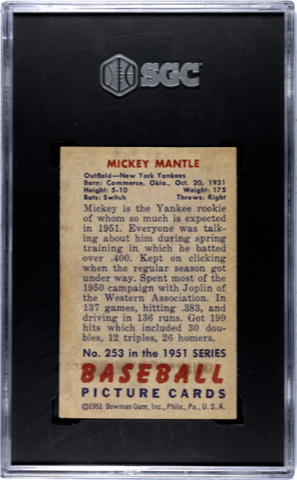 1951 Bowman #253 Mickey Mantle RC Rookie SGC 1.5 CREASE FREE + SHARP