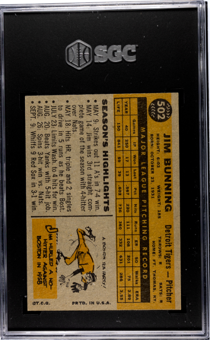 1960 Topps #502 Jim Bunning SGC 7.5 NM+ Well Centered