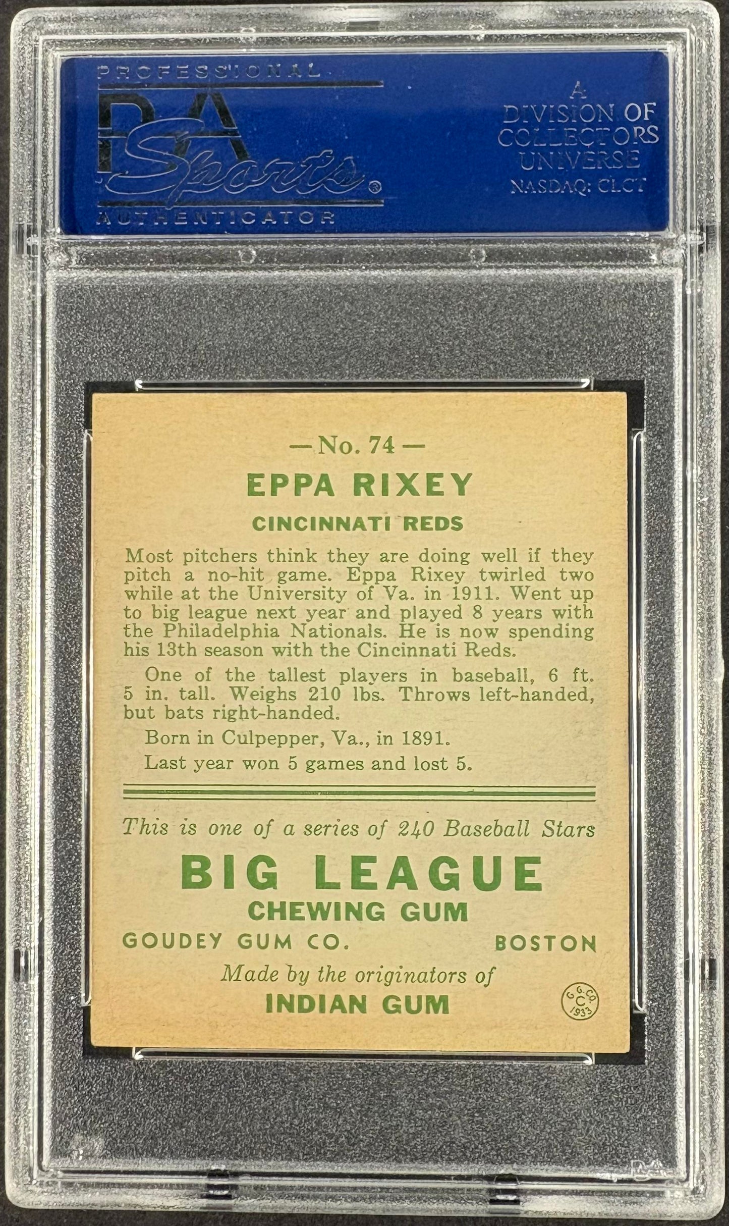1933 Goudey (R319) #74 Eppa Rixey PSA 8 NM-MT High Grade NONE HIGHER