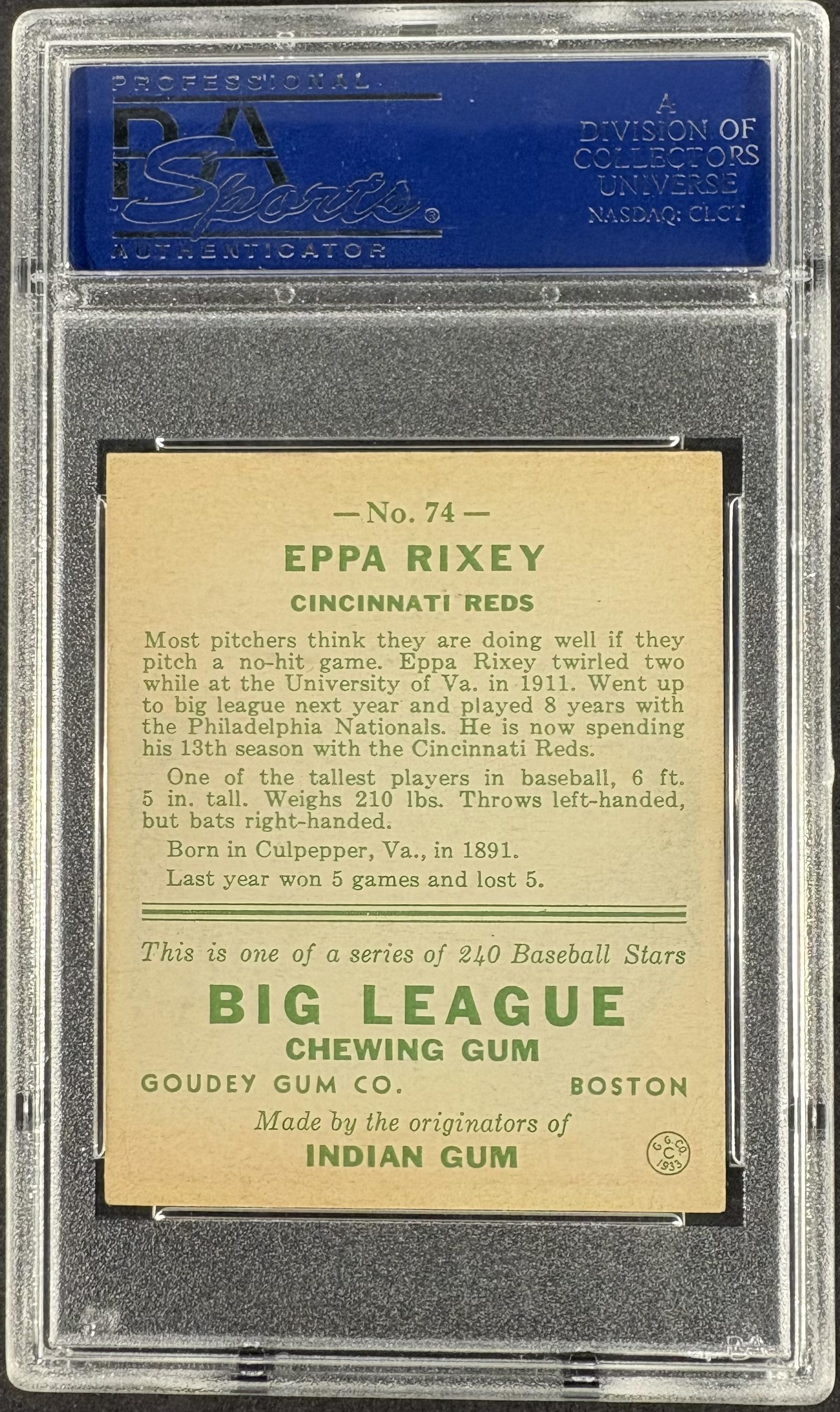 1933 Goudey (R319) #74 Eppa Rixey PSA 8 NM-MT High Grade NONE HIGHER