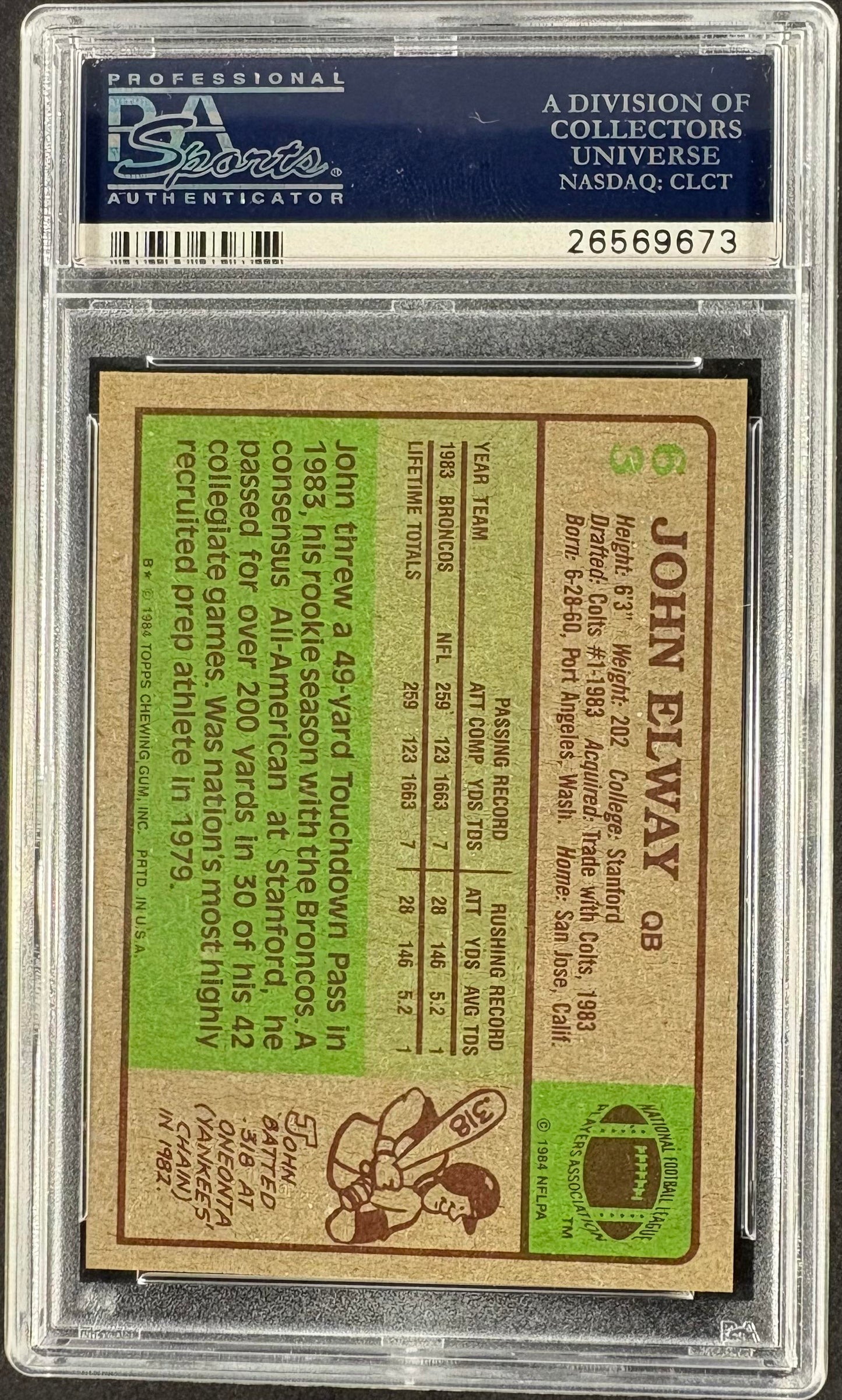 1984 Topps #63 John Elway RC Rookie PSA 9 MINT Well Centered
