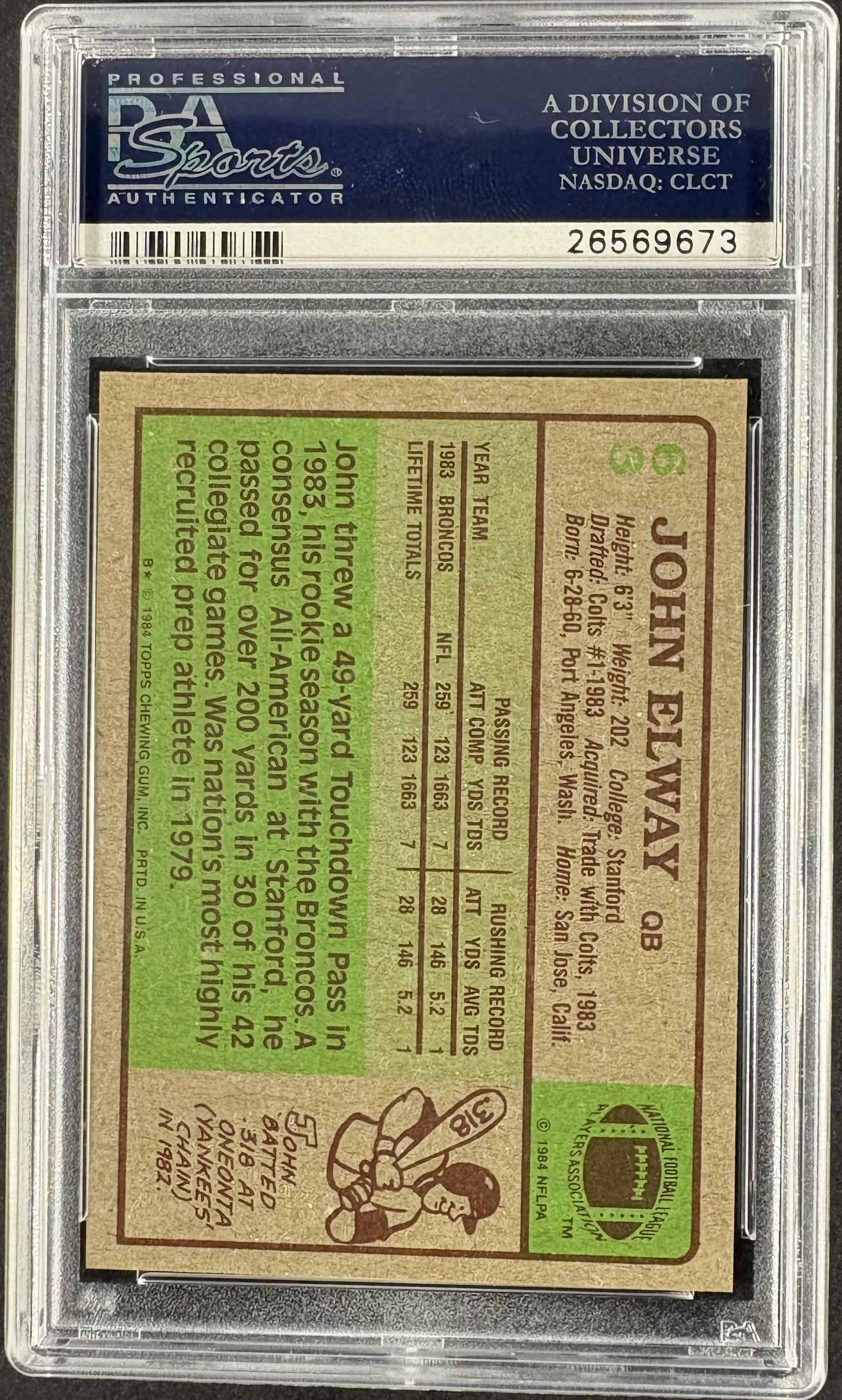 1984 Topps #63 John Elway RC Rookie PSA 9 MINT Well Centered