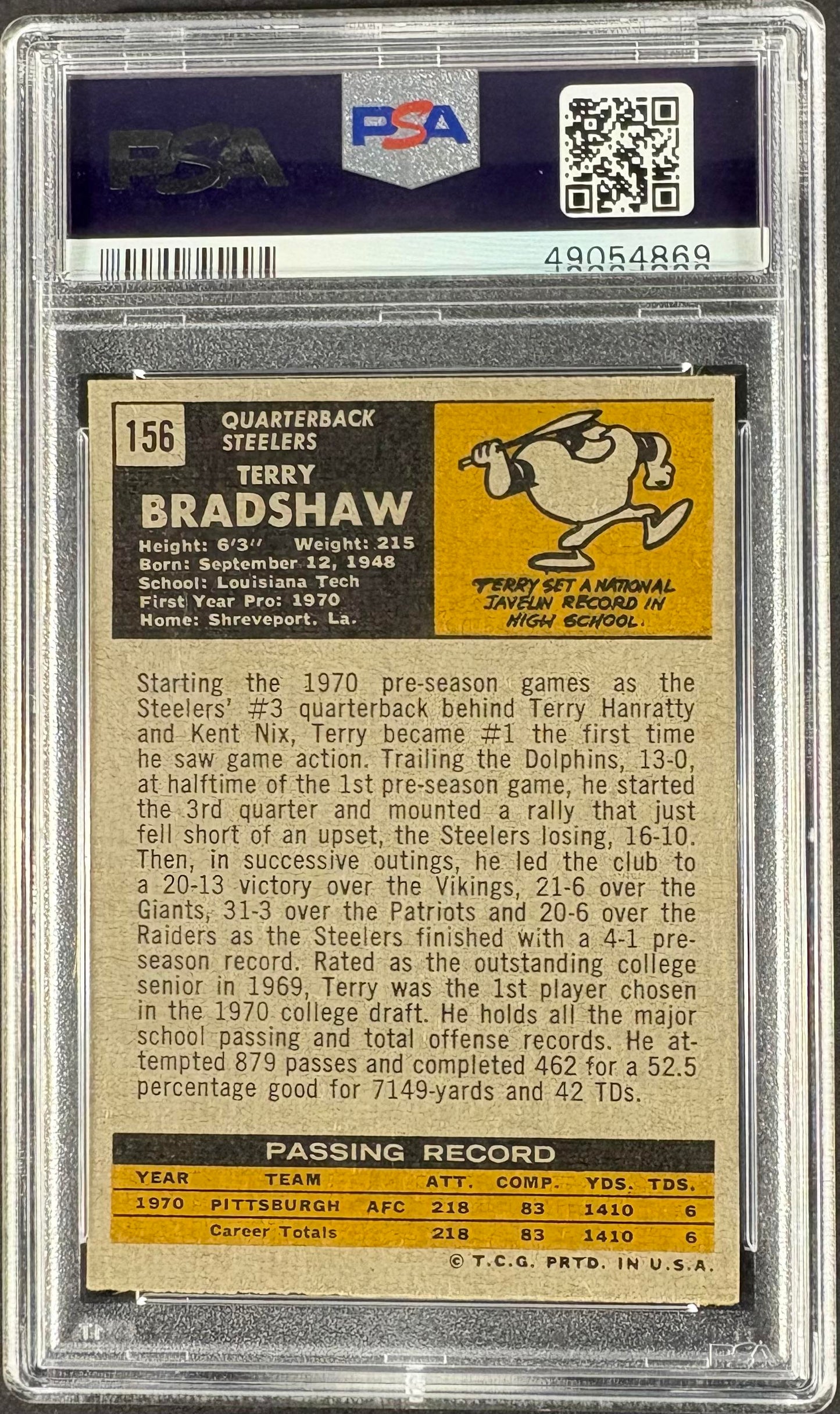 1971 Topps #156 Terry Bradshaw RC Rookie PSA 6 EX-MT New Label