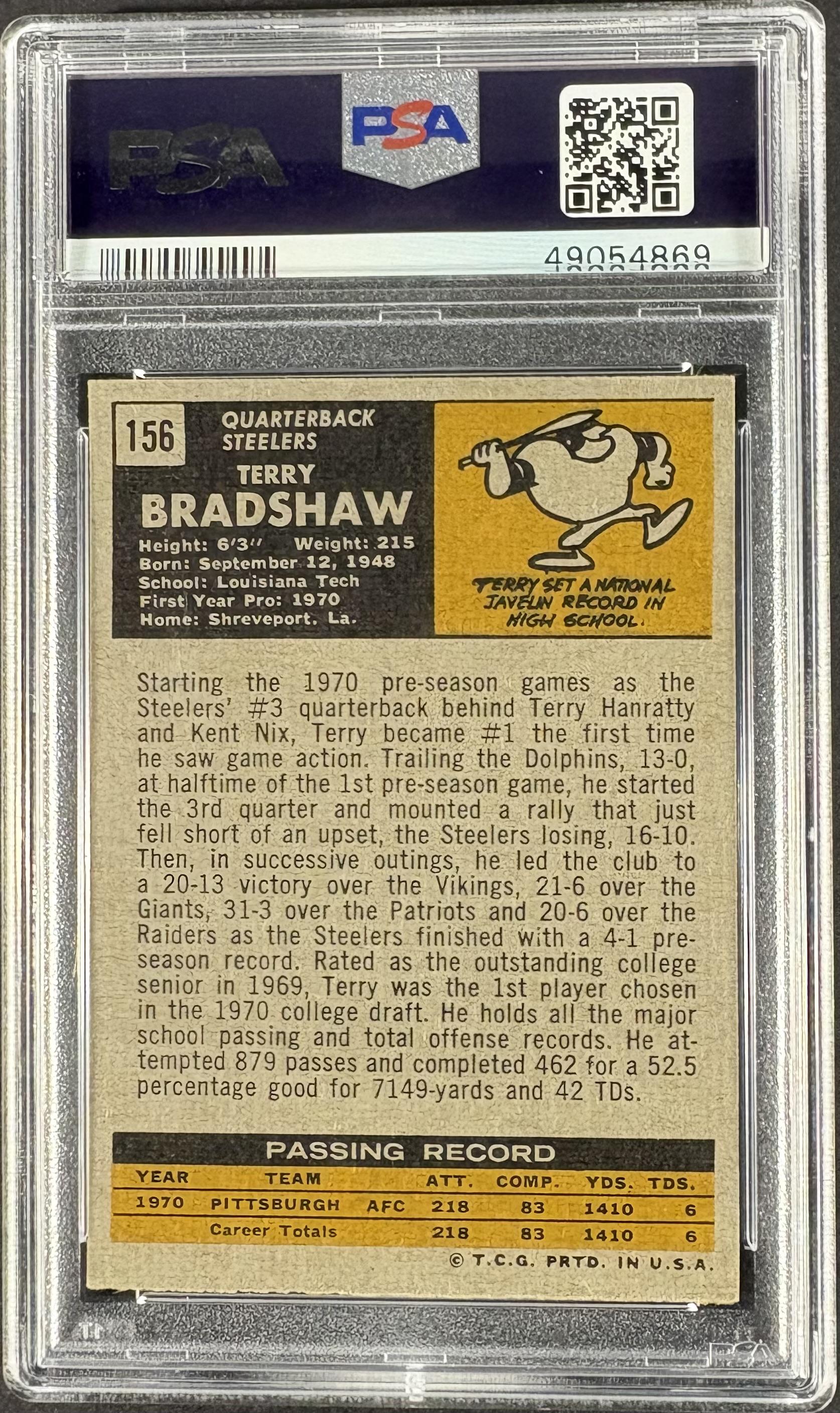 1971 Topps #156 Terry Bradshaw RC Rookie PSA 6 EX-MT New Label