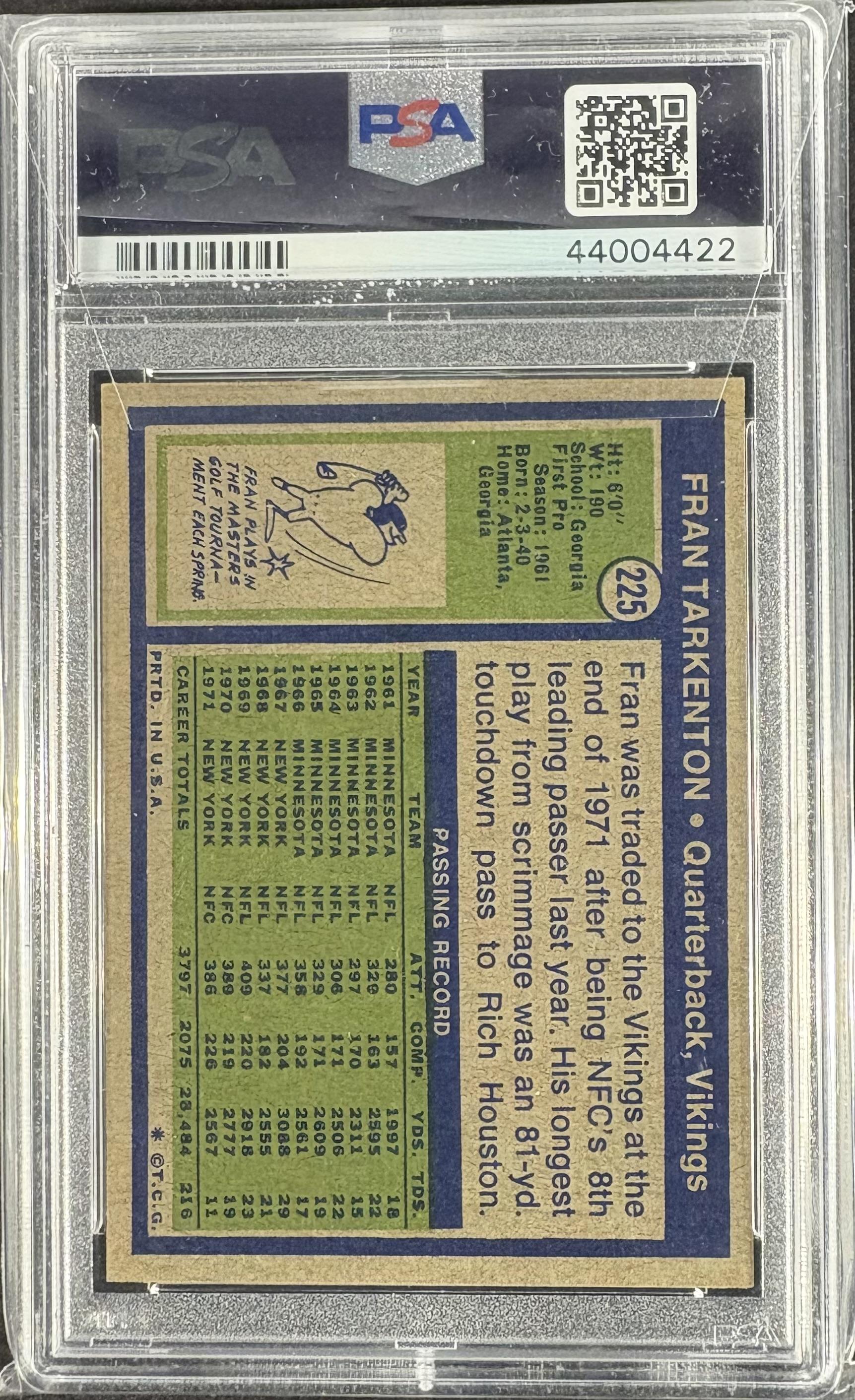 1972 Topps #225 Fran Tarkenton PSA 8 NM-MT Well Centered New Label