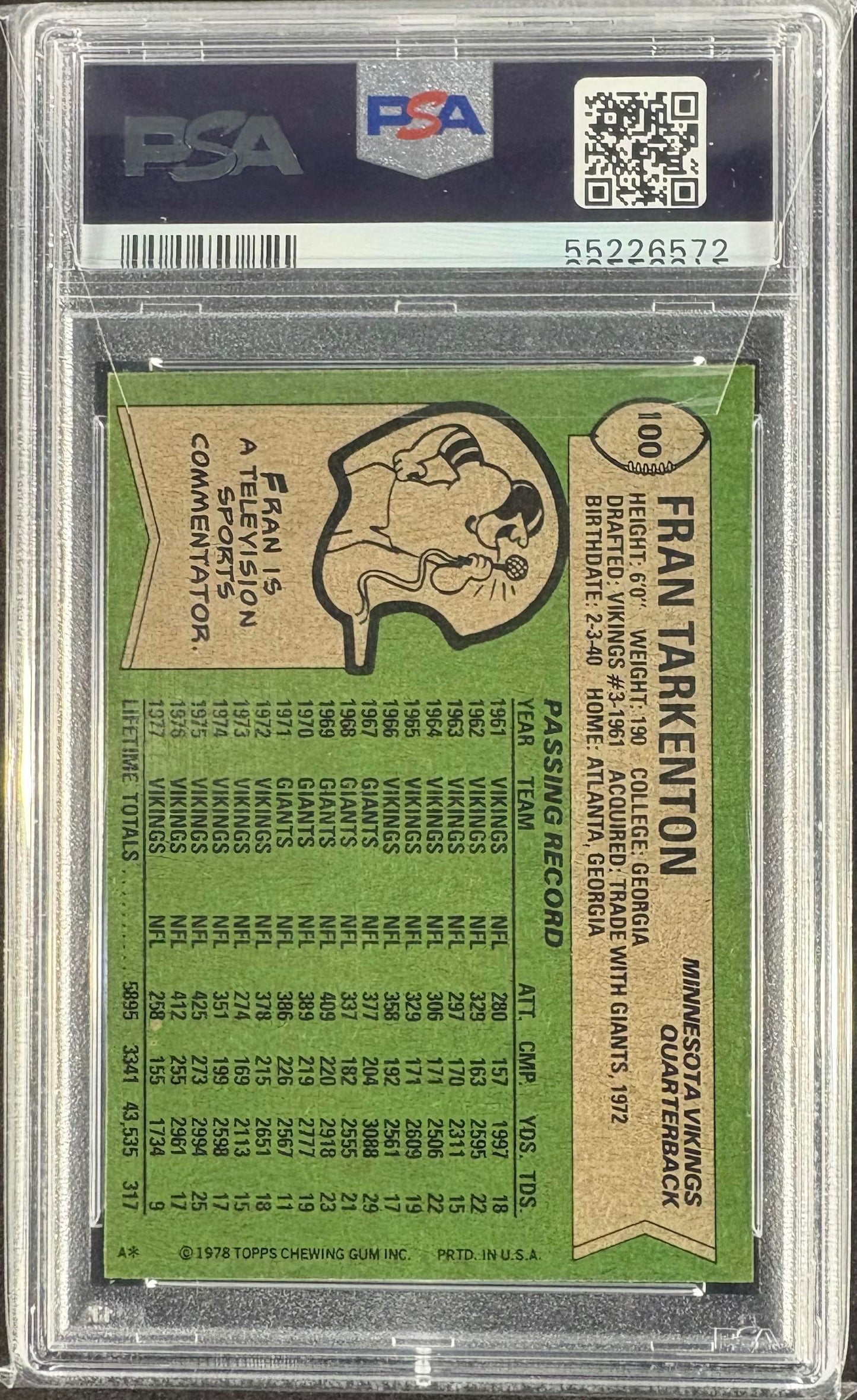 1978 Topps #100 Fran Tarkenton PSA 9 MINT High Grade New Label