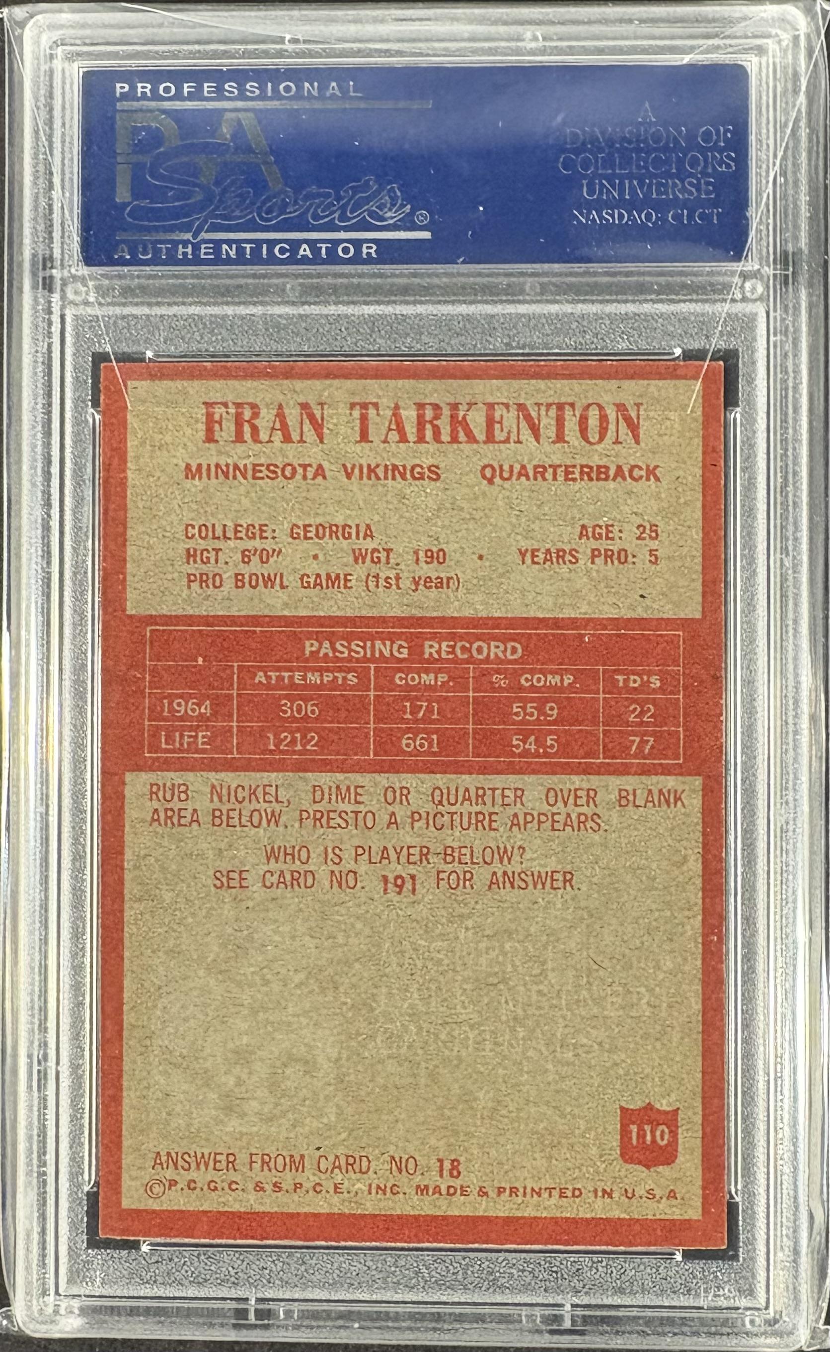 1965 Philadelphia #110 Fran Tarkenton PSA 8 NM-MT High Grade