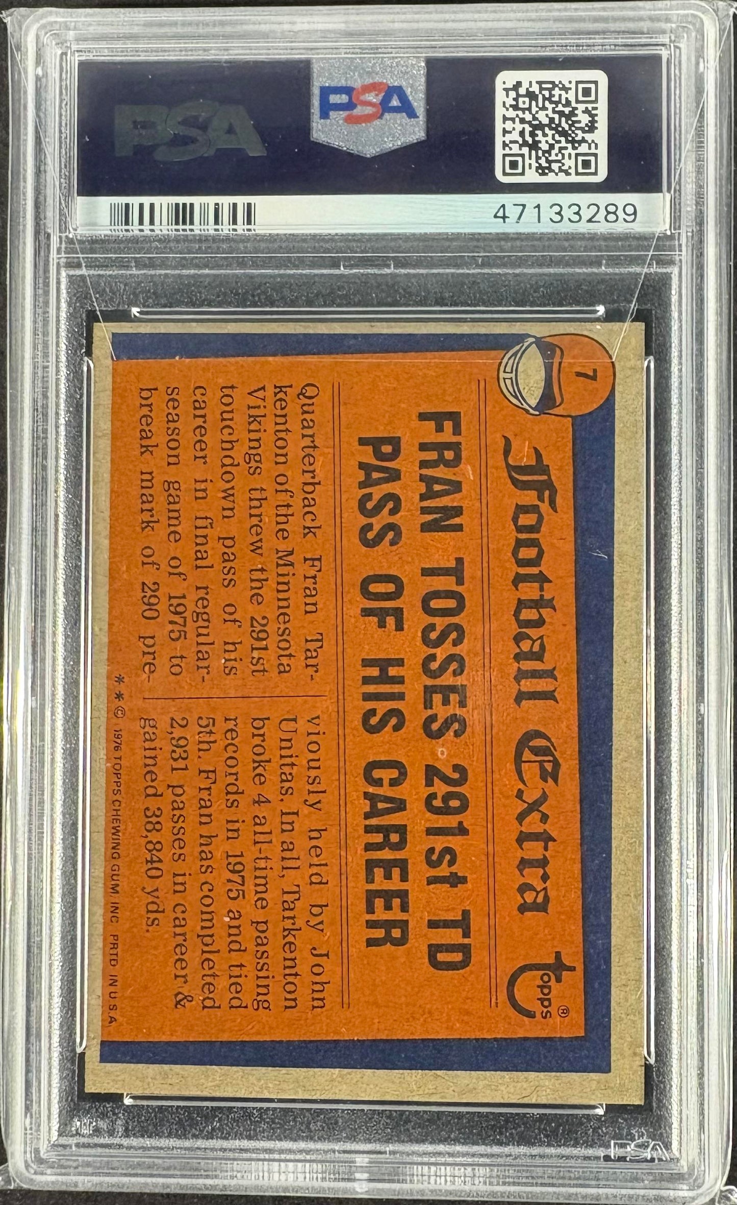 1976 Topps #7 Fran Tarkenton PSA 9 MINT High Grade CENTERED New Label