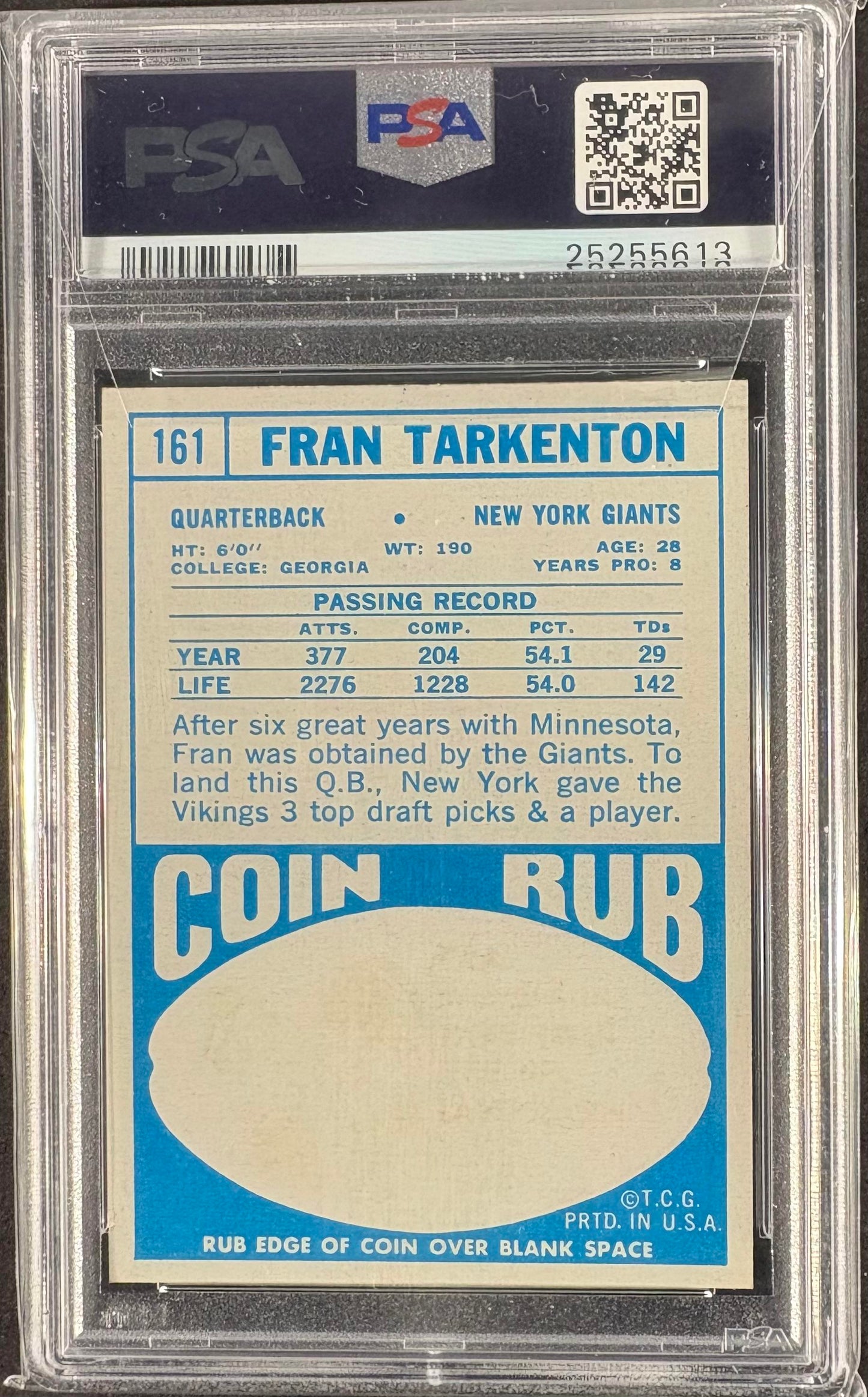 1968 Topps #161 Fran Tarkenton PSA 9 MINT High Grade New Label