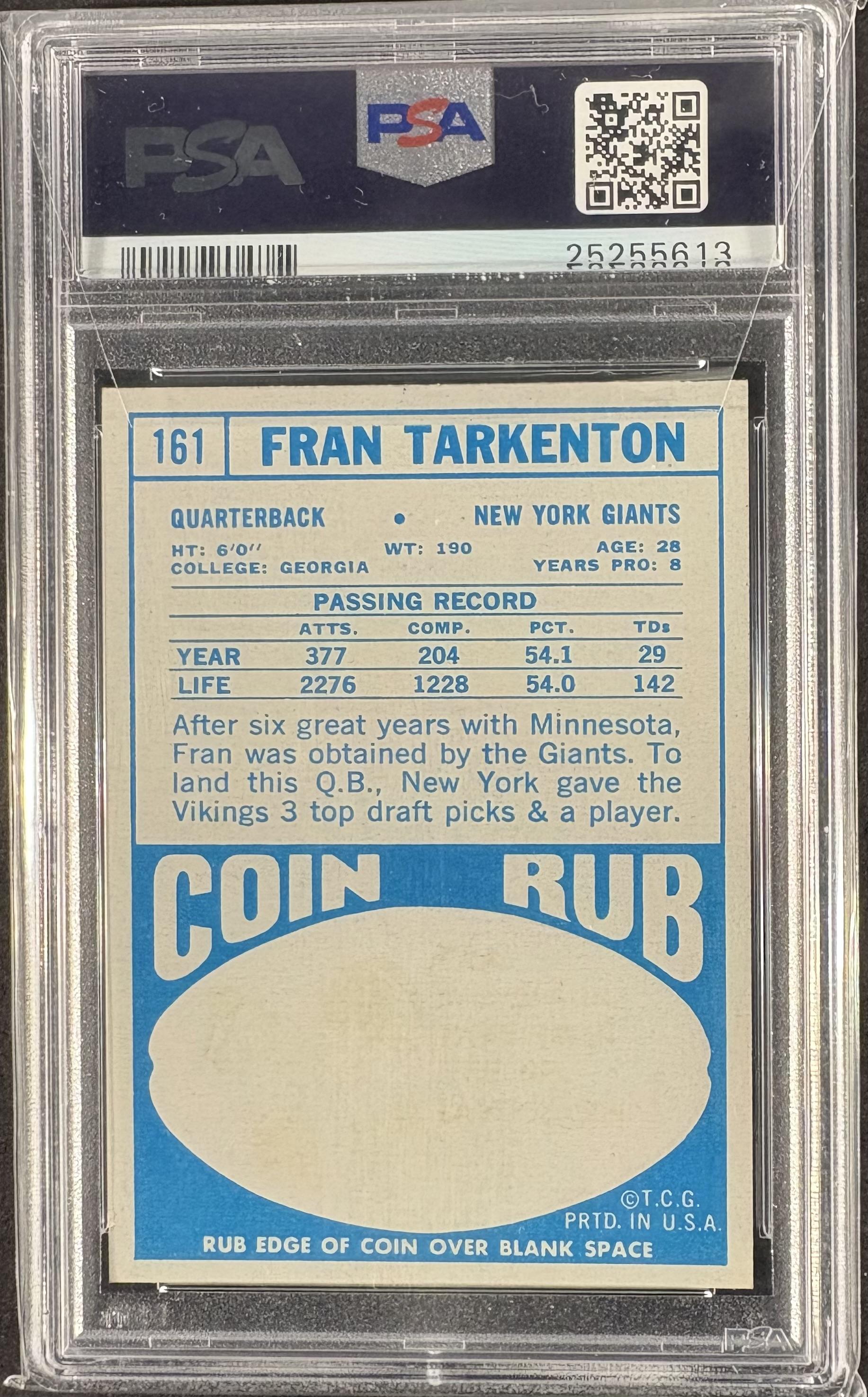 1968 Topps #161 Fran Tarkenton PSA 9 MINT High Grade New Label