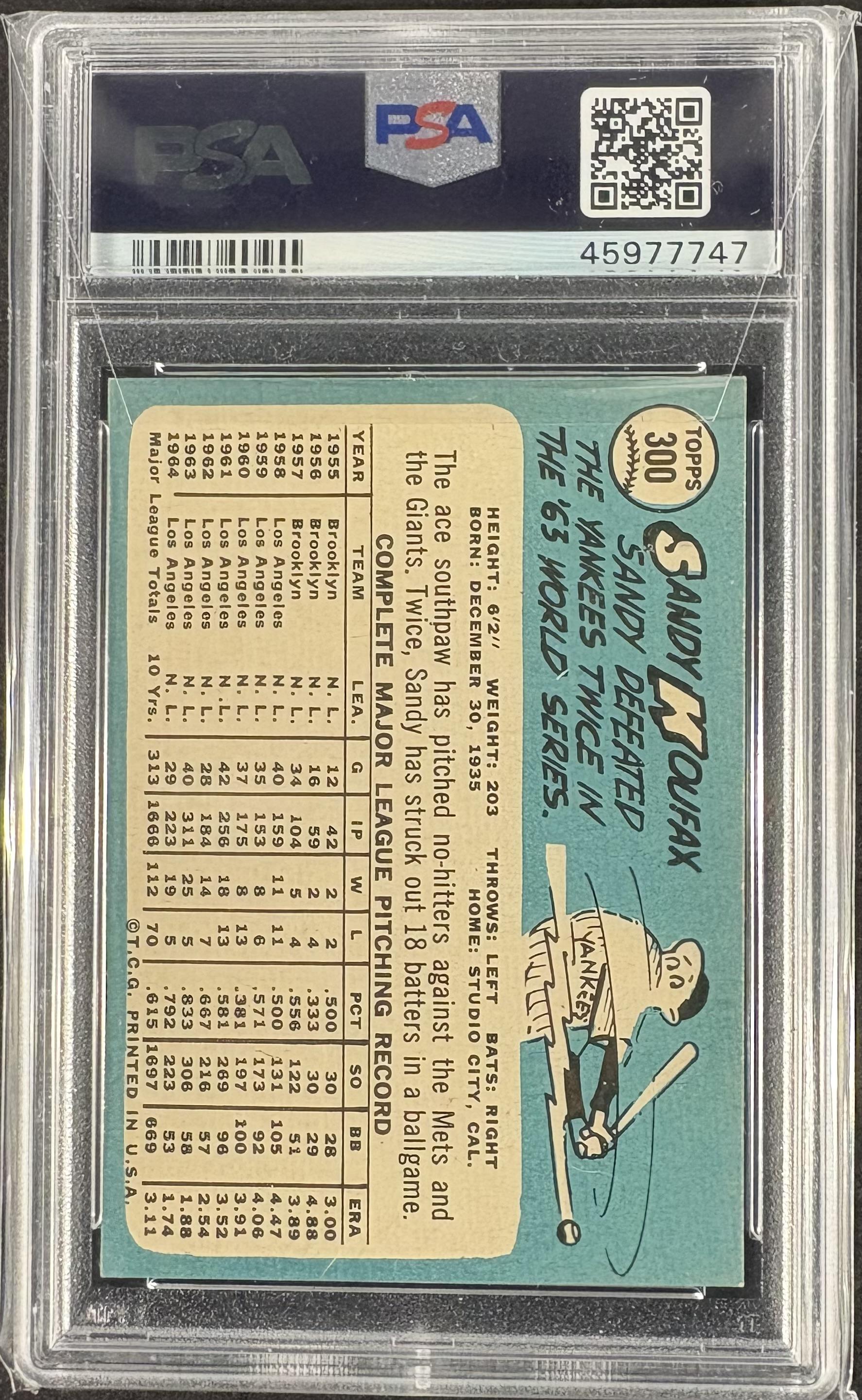 1965 Topps #300 Sandy Koufax PSA 6.5 EX-MT+ Well Centered New Label