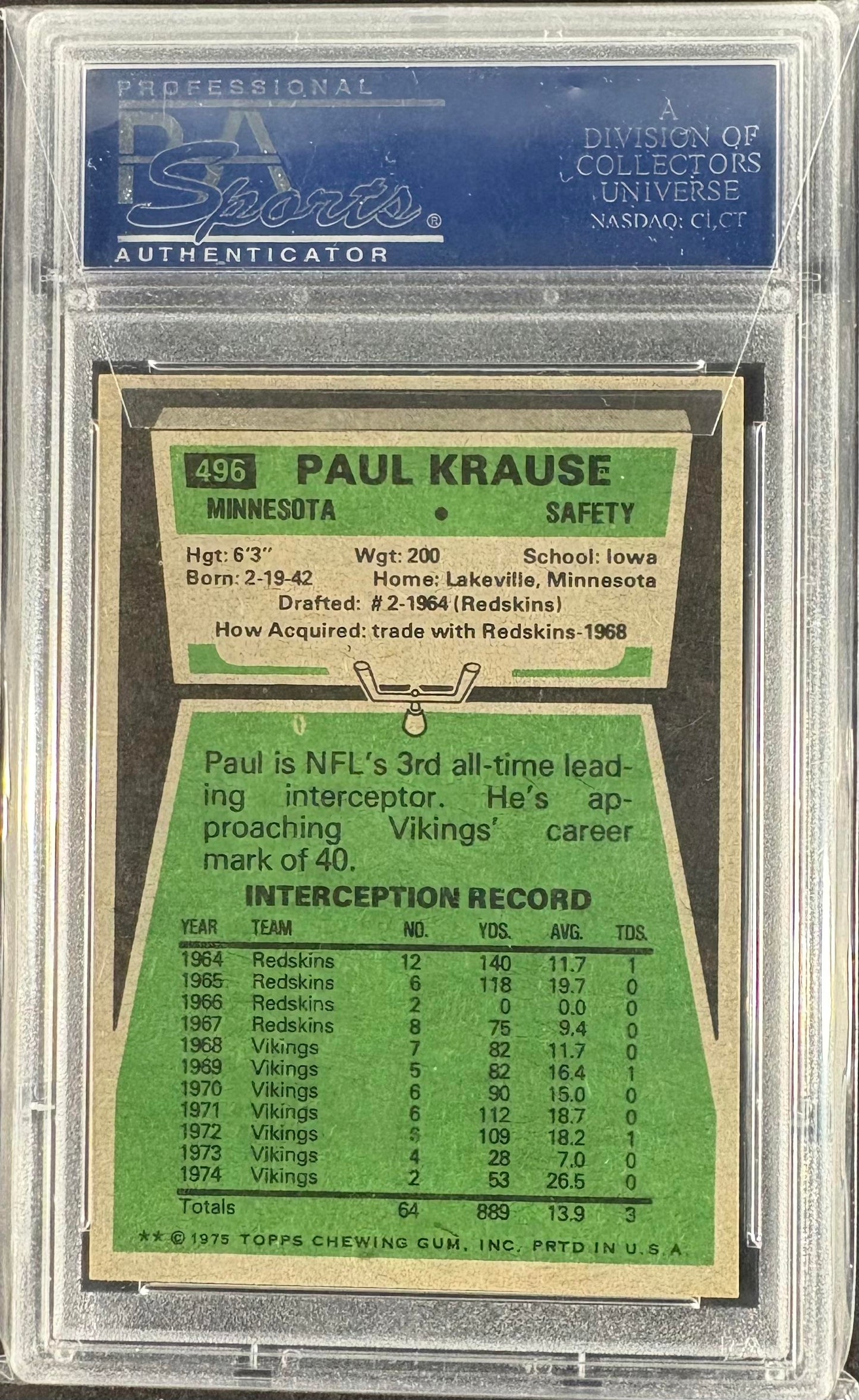 1975 Topps #496 Paul Krause PSA 10 GEM MINT POP 17